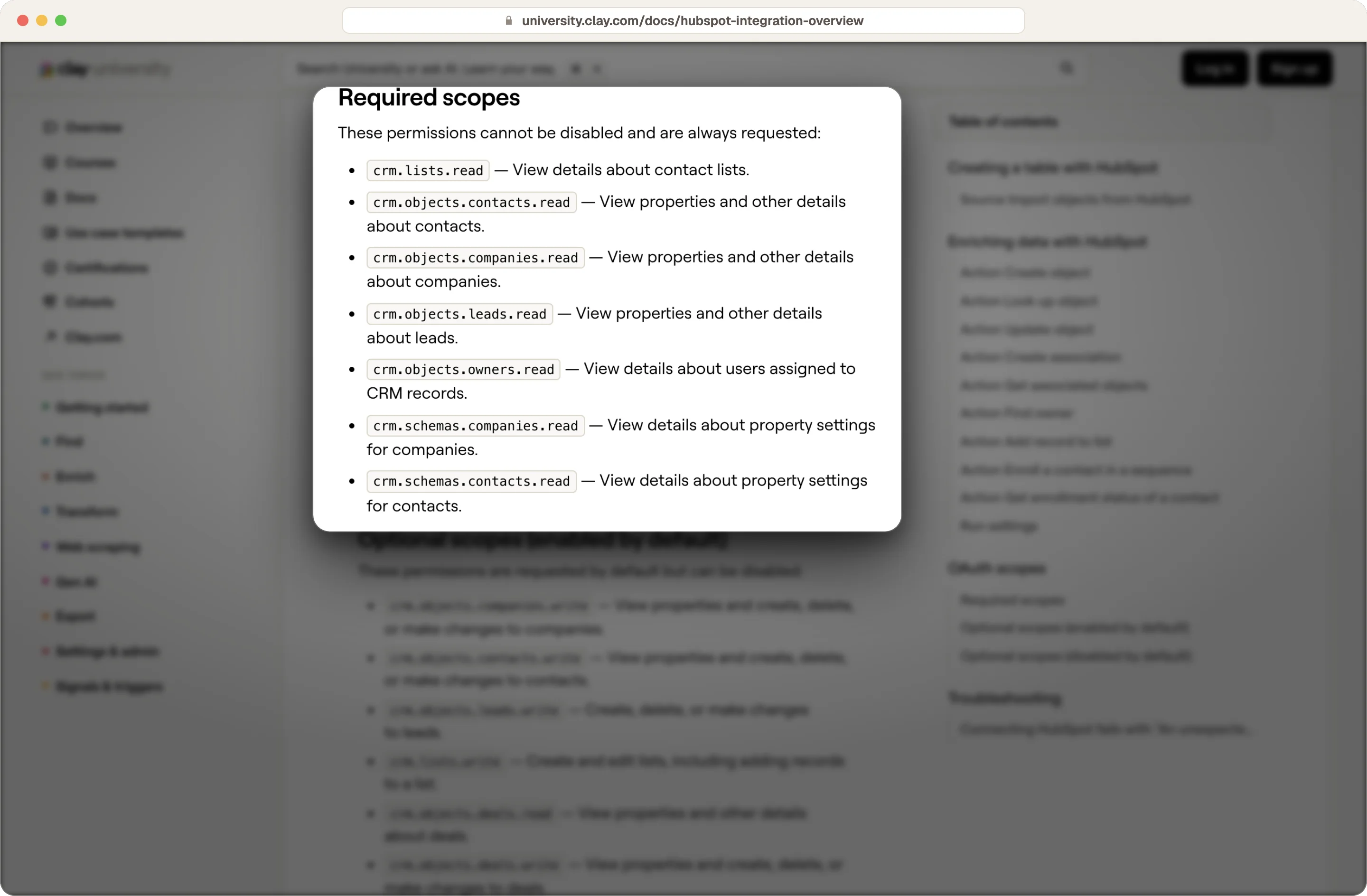 Clay documentation listing the HubSpot read permissions that are always requested and cannot be disabled