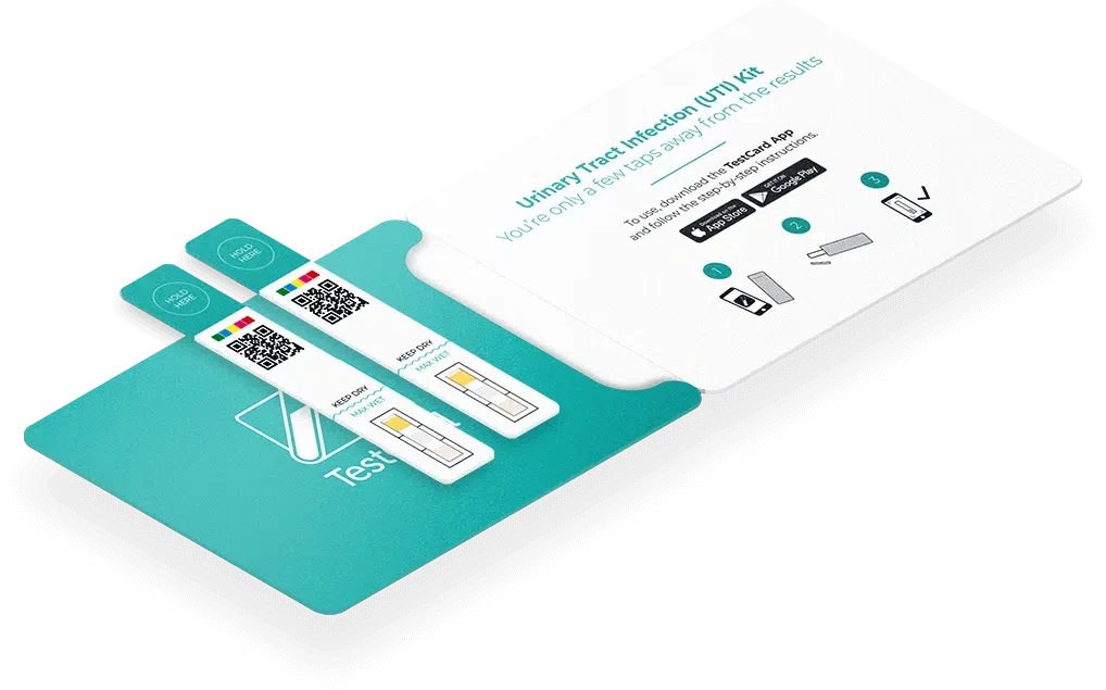 Isometric graphic of TestCard UTI product pouch and strips