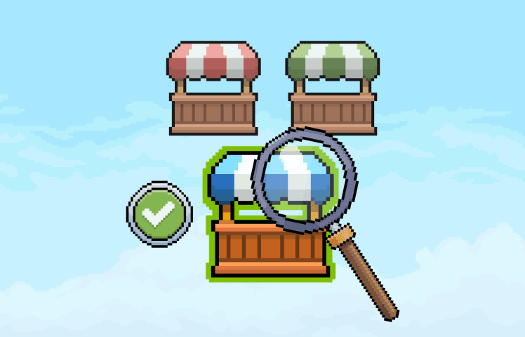 Pixel-art of three market stalls (red, green, blue), with the blue stall magnified by a magnifying glass and a green checkmark, against a cloudy sky. On hover, a GIF plays: The magnifying glass inspects all three stalls (scaling each as it passes). When it goes over the blue stall, its saturation increases, a green outline forms around it, and a green checkmark appears.