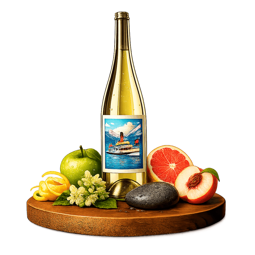 Artistic label and flavor profile for Swiss Räuschling on a rustic wooden table.