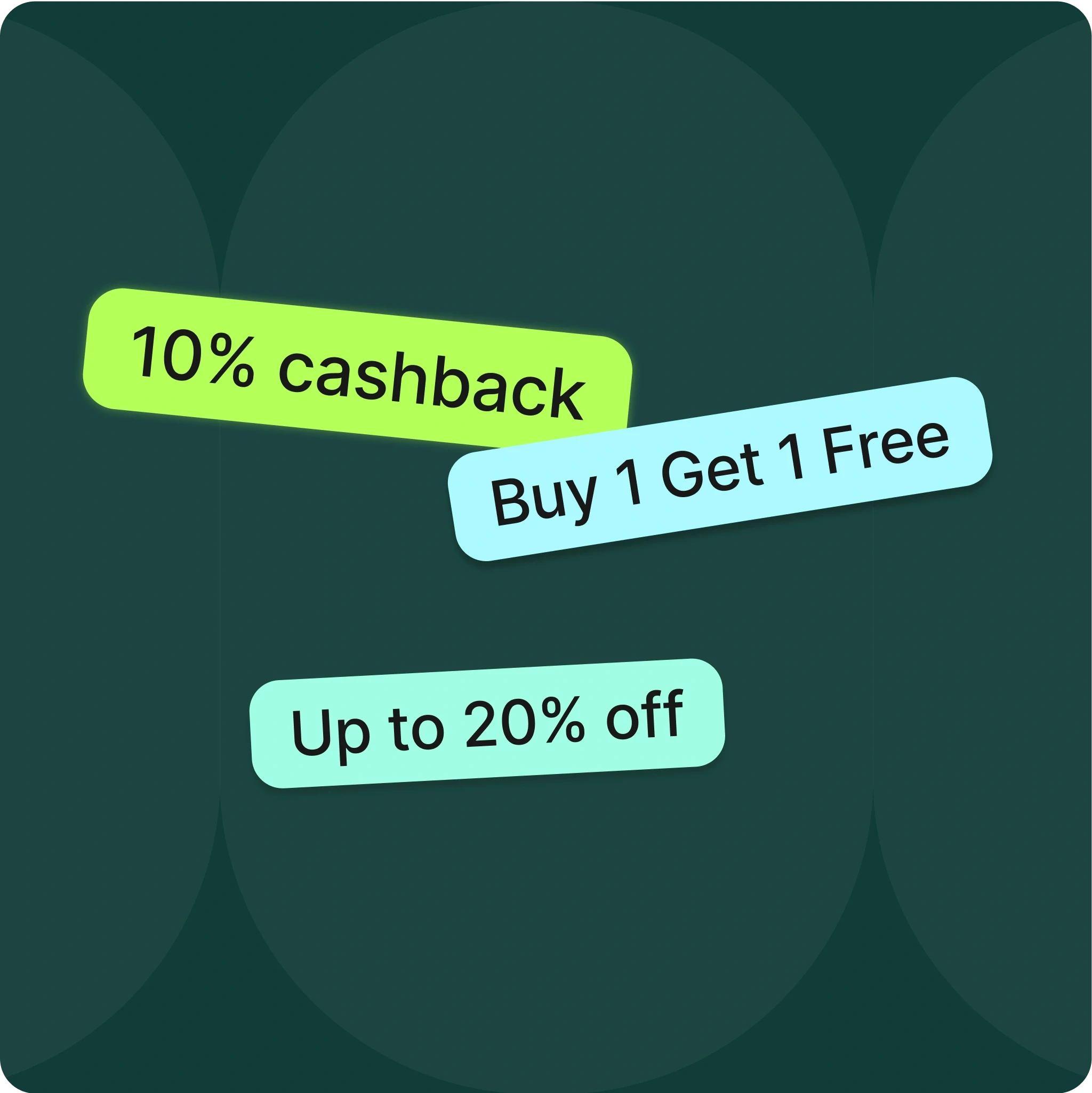 The image shows a collection of promotional tags on a dark green background, highlighting various offers available on ReloadRewards. The tags display enticing deals such as "10% cashback," "Buy 1 Get 1 Free," and "Up to 20% off," emphasizing the benefits of using the platform for shopping rewards. The vibrant colors of the tags—lime green, light blue, and mint green—contrast with the dark background, making the offers stand out and drawing the viewer’s attention to the savings opportunities.