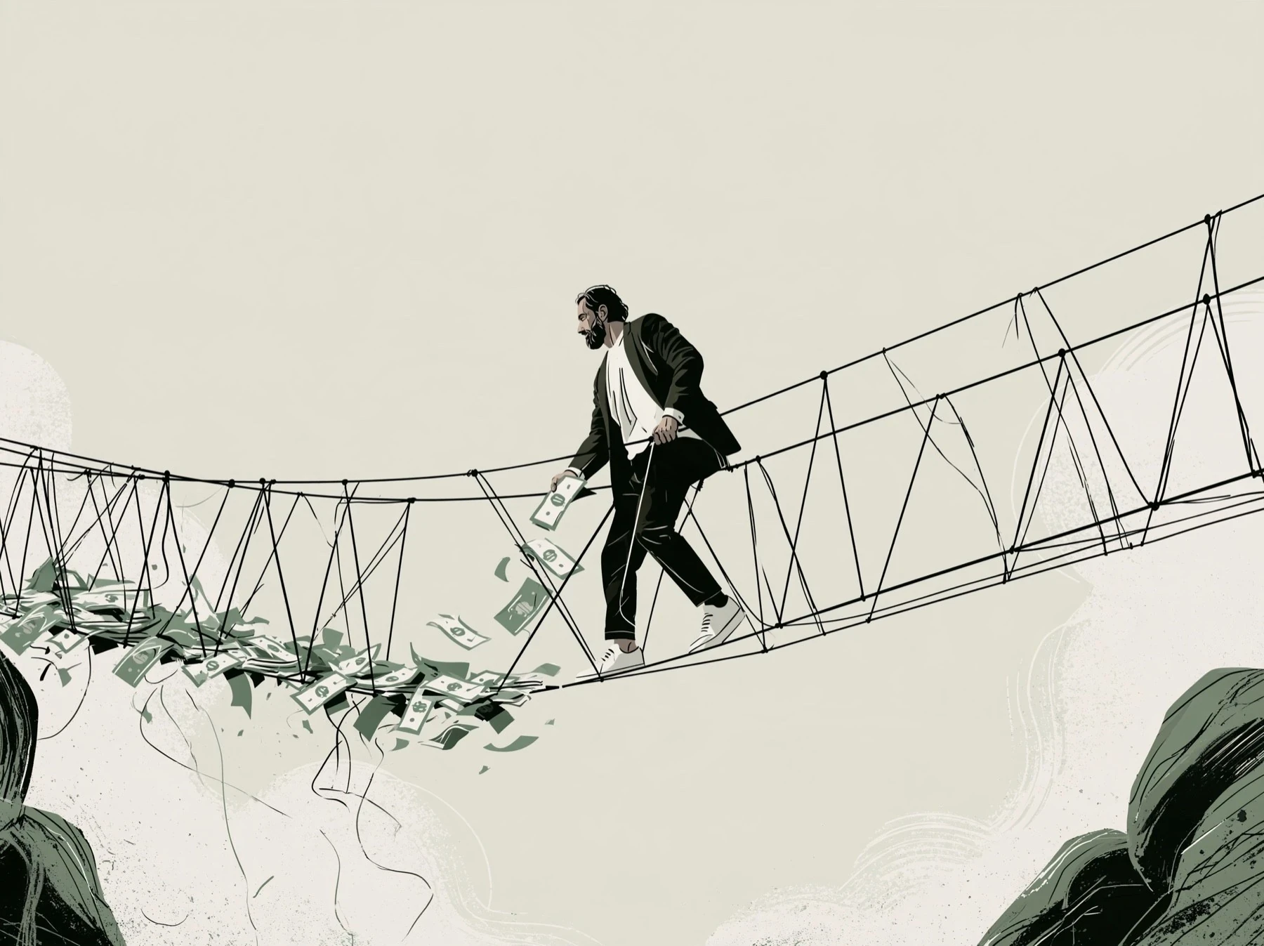 Illustration of a man crossing a rope bridge, laying dollar bills to fill the gap in its deck.