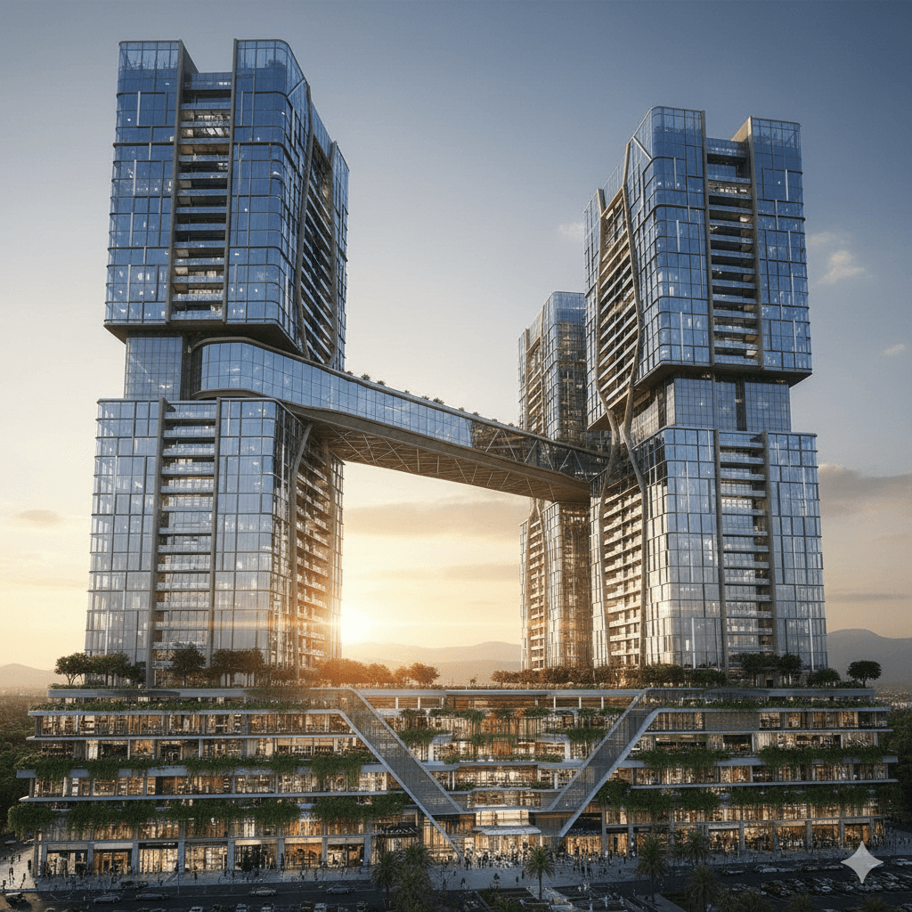 Modern glass corporate towers at sunset, M3M commercial development, Gurugram