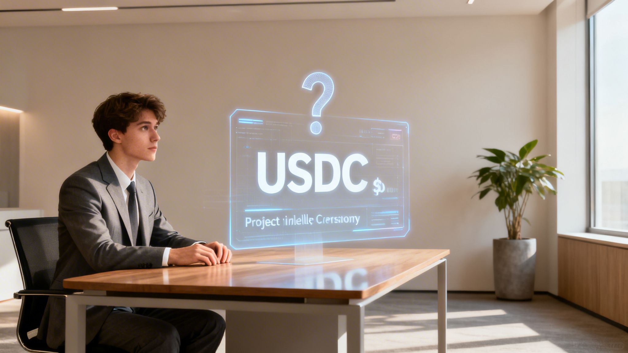 A young businessman in a suit sitting at a desk looking at a holographic USDC project display.