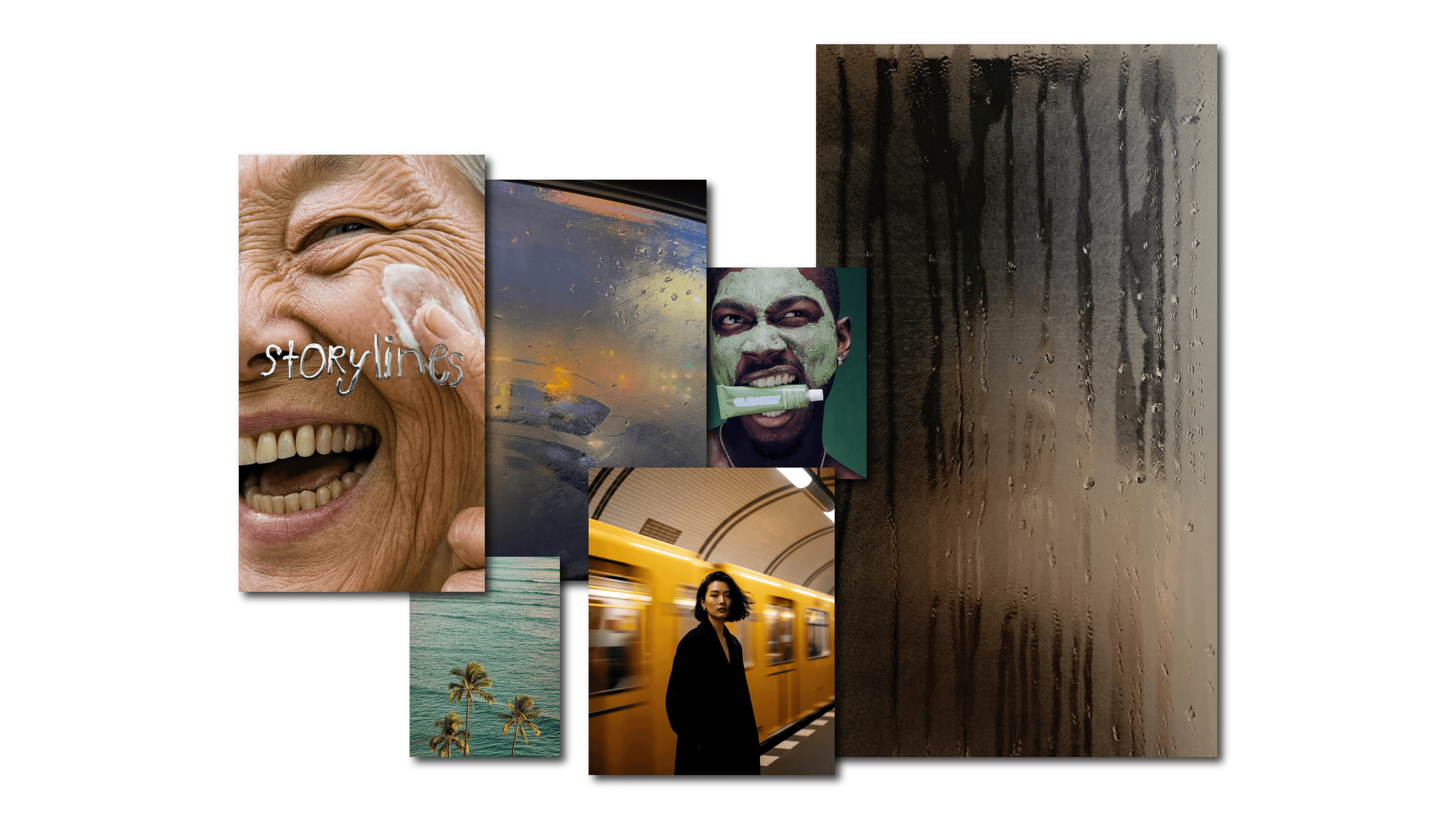 Collage of close-up textures, expressive portraits, motion blur, and tactile imagery.