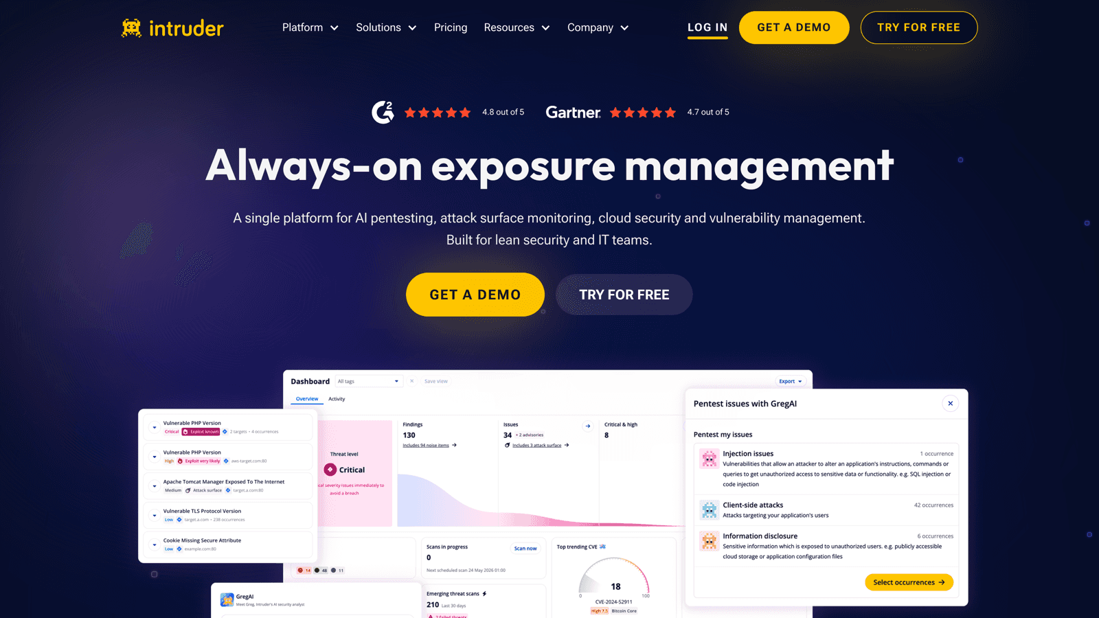 Intruder homepage showing the exposure management platform under the headline Always-on exposure management