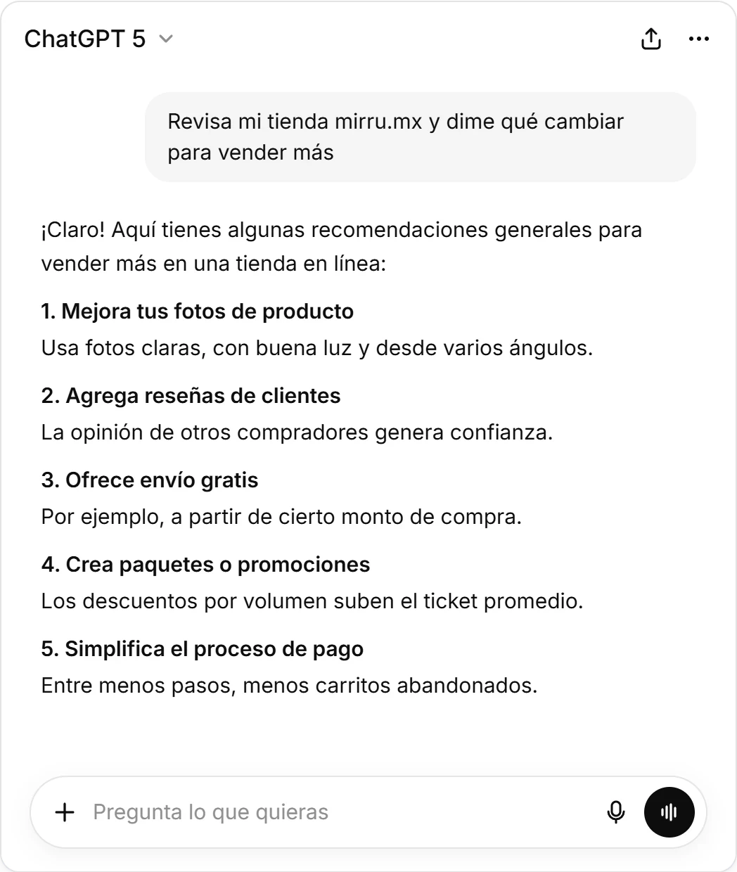 ChatGPT responde con recomendaciones generales para cualquier tienda