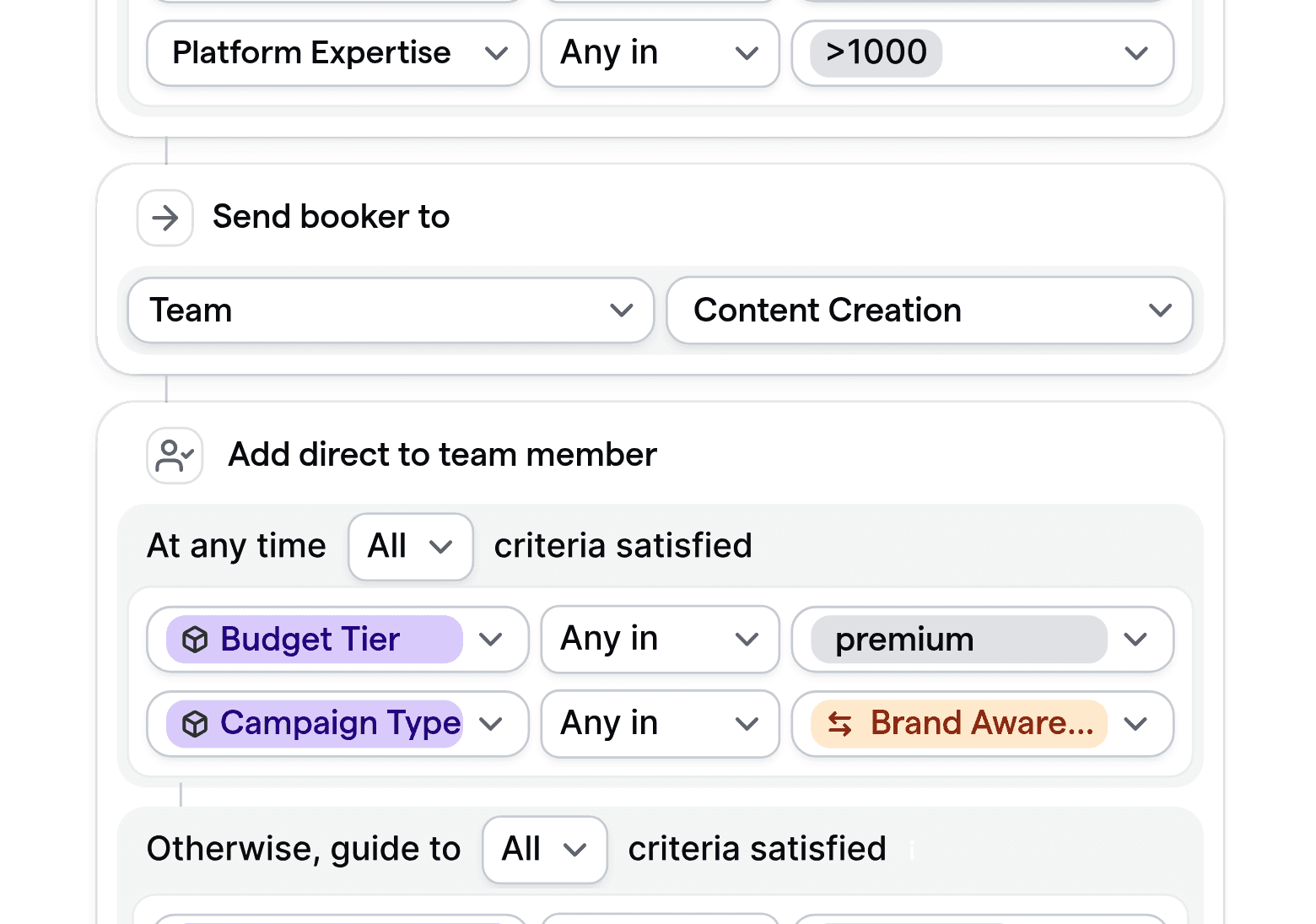 Customizable routing logic interface for social media agencies, showing assignment rules by platform and campaign type.