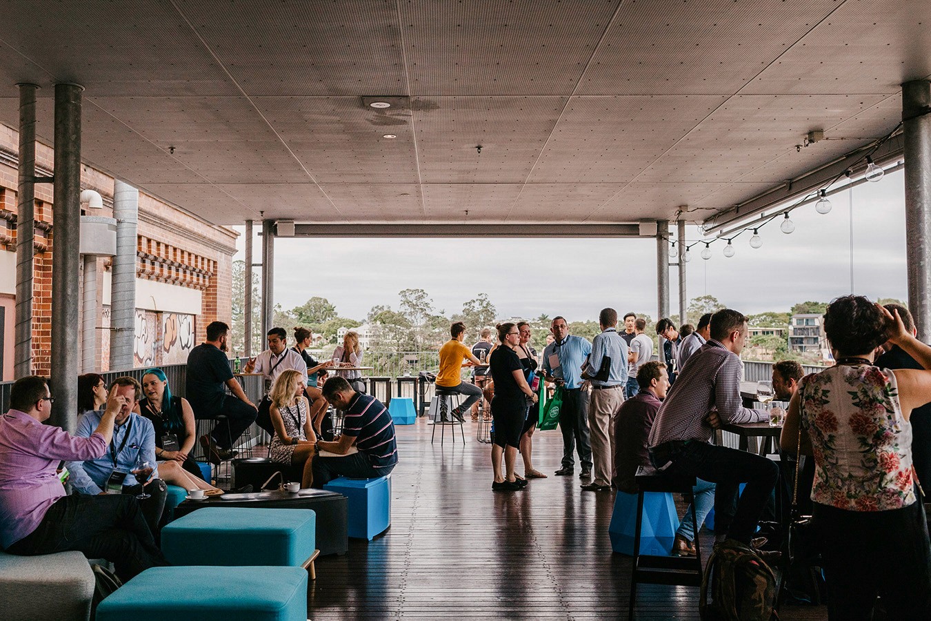 Outdoor breakout space from a conference at the Brisbane Powerhouse on the Riverbend Terrace rooftop event space