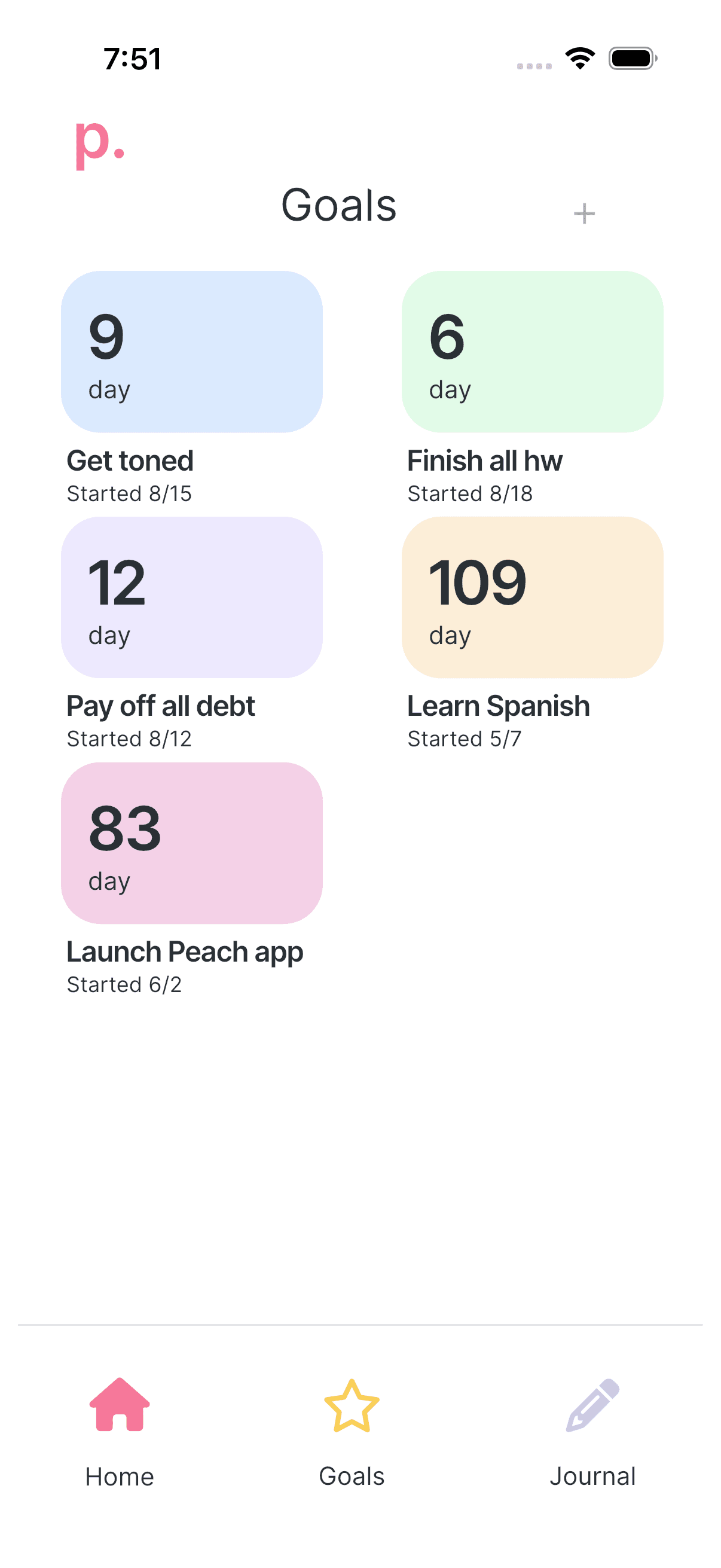 Peach Method light-mode Goals screen