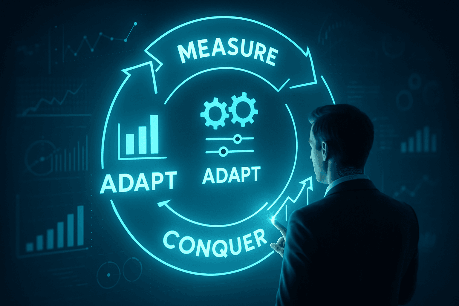 Futuristic digital cycle showing “Measure,” “Adapt,” and “Conquer” phases with data charts, adjustment tools, and growth symbols. A strategist interacts with the glowing interface, representing continuous digital improvement and domination.