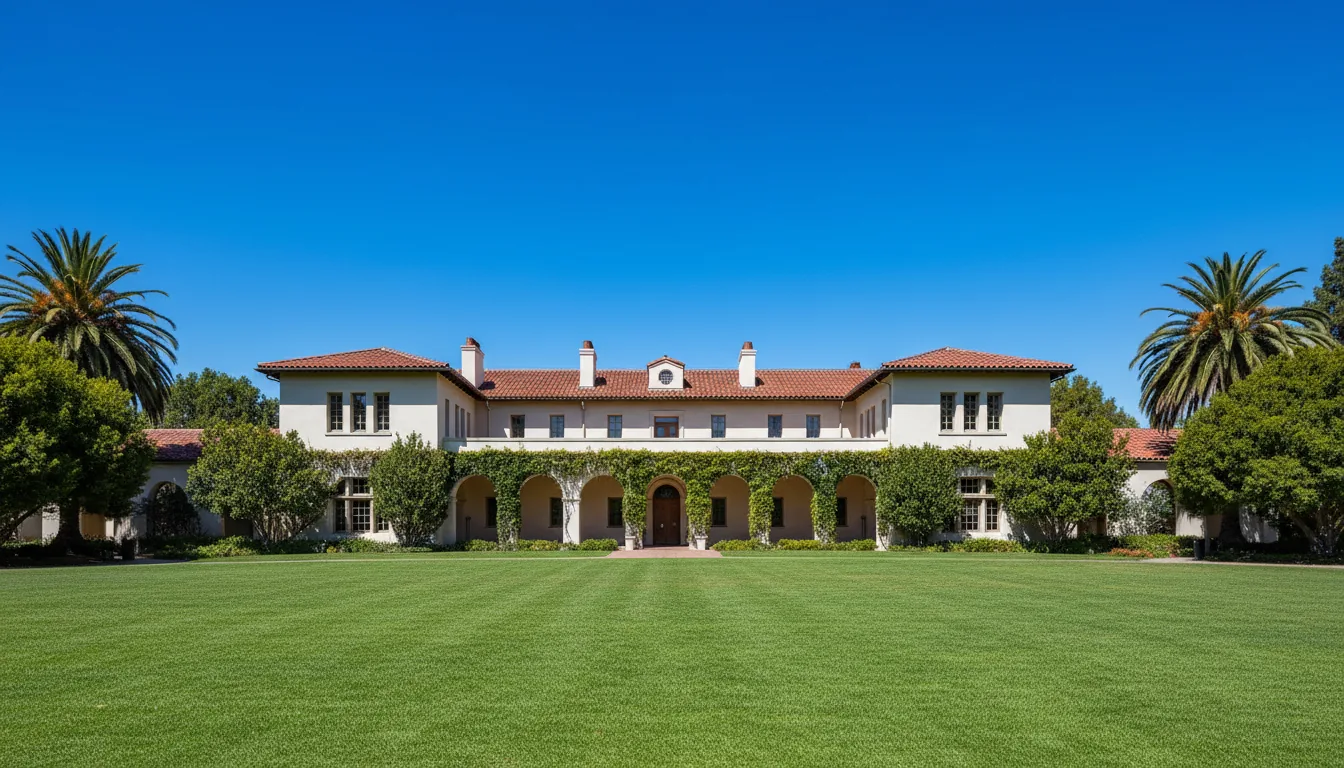 DSLR photograph of the Beckman Institute at Caltech, captured from a wide-angle, eye-level perspective. A vibrant, manicured green lawn fills the foreground. The off-white university building features an arched colonnade with climbing ivy on the ground floor and a terracotta tile roof. The scene is bathed in bright, natural daylight under a cloudless, deep blue sky, with the entire image in sharp focus.