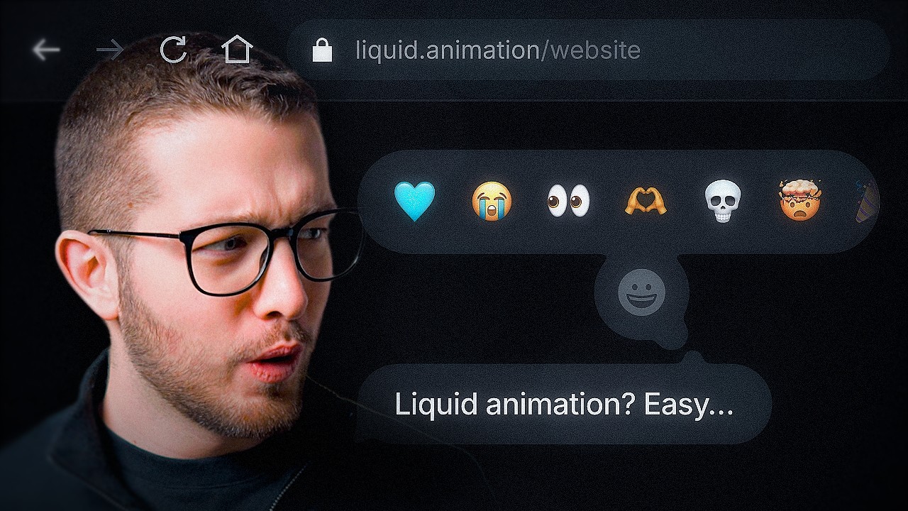 Creative animation tutorial featuring liquid emojis and text with a surprised expression, promoting easy animation techniques