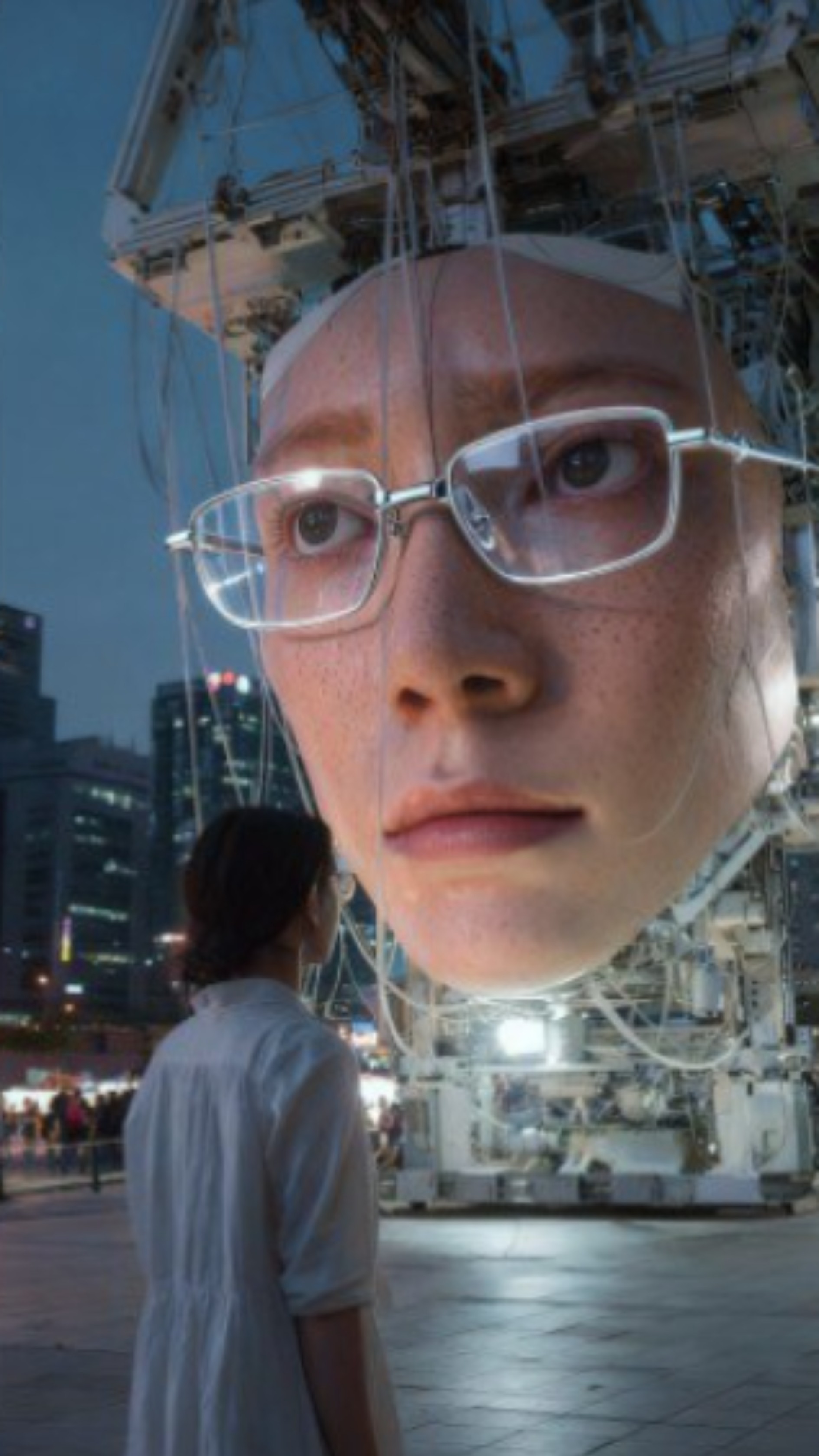 Giant, hyper-realistic robotic head sculpture