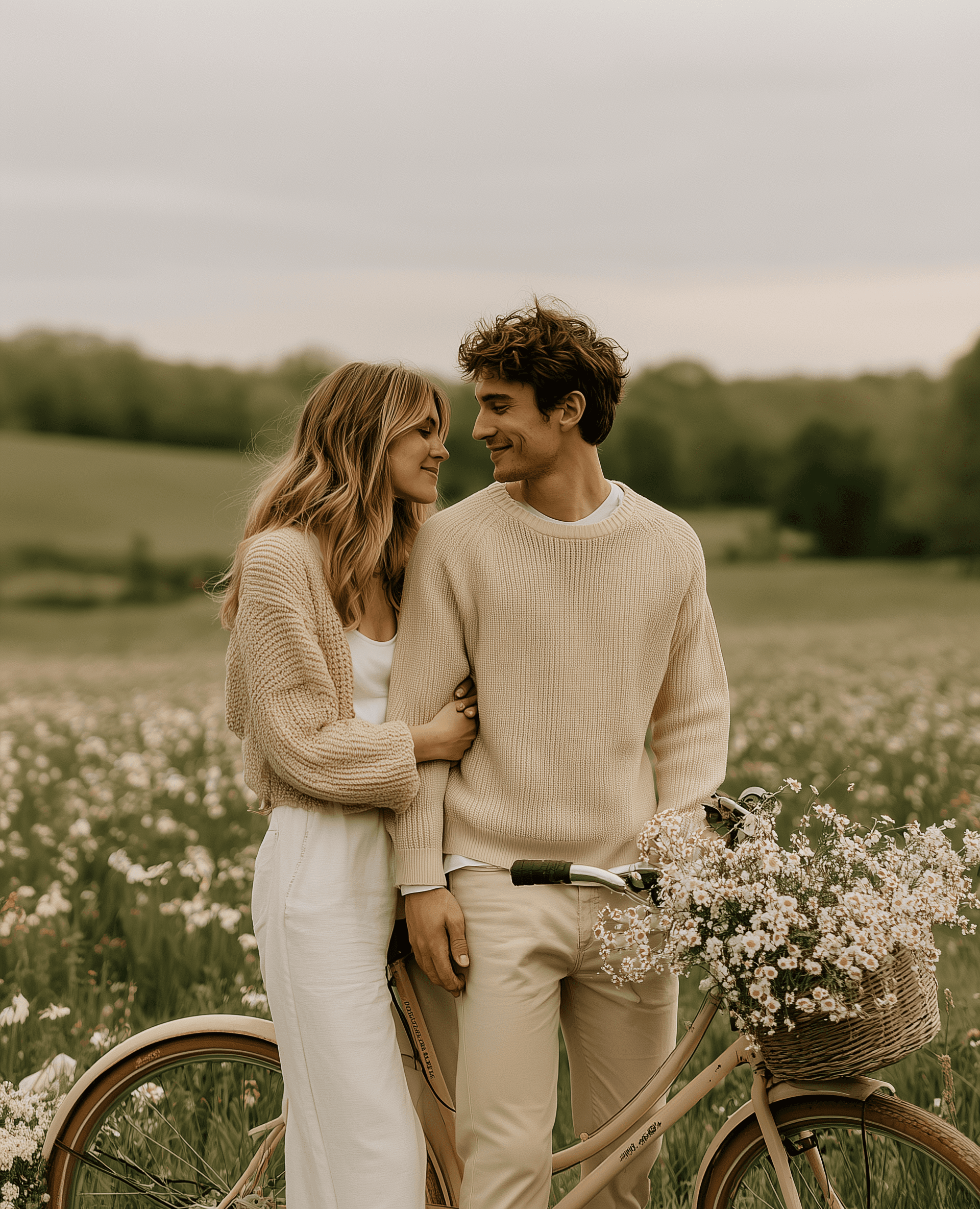 Engaged couple standing with vintage bicycle in Cotswolds countryside flower field