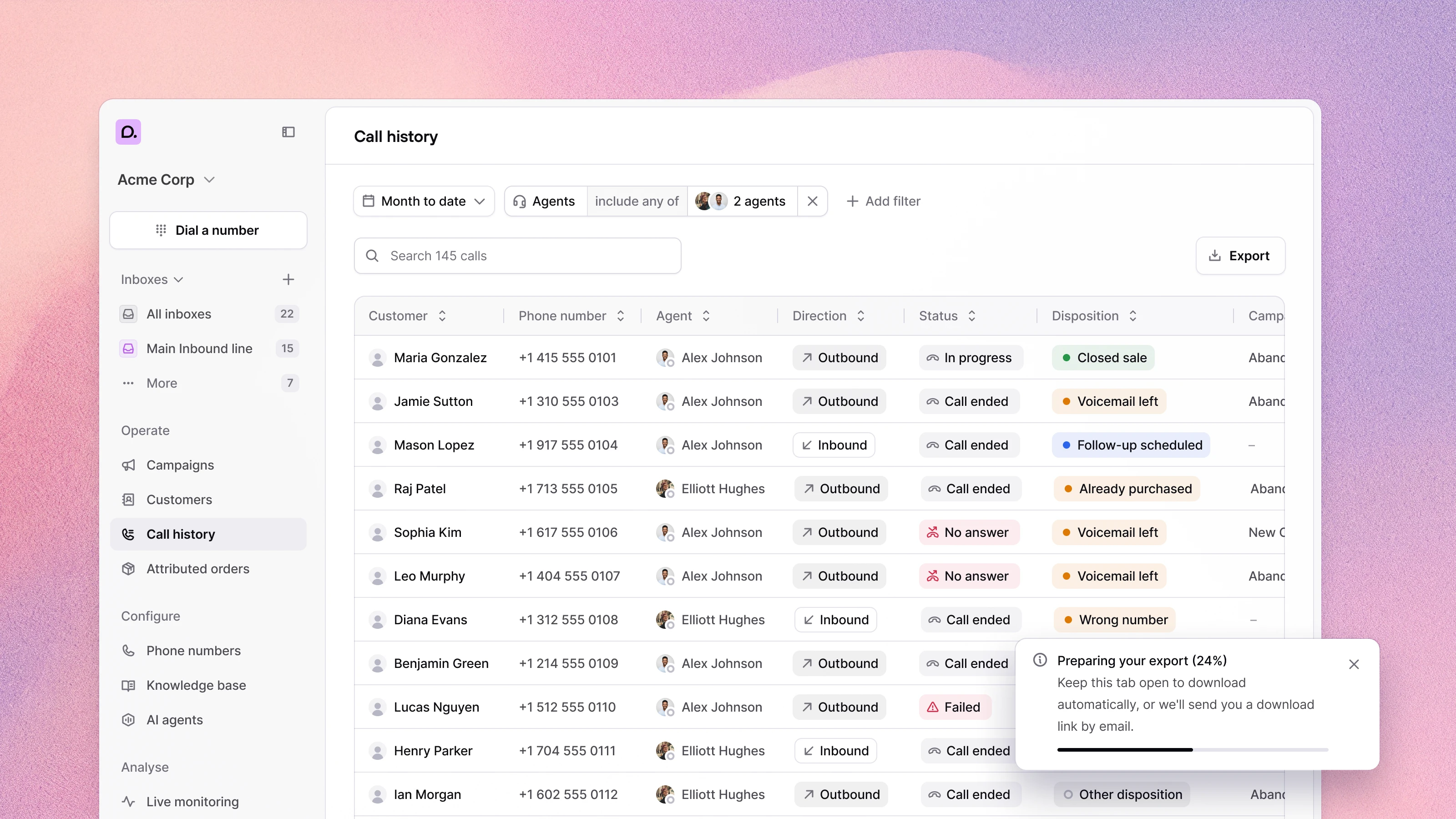 The Consio call history page showing a filterable table of calls with columns for customer, phone number, agent, direction, status, and disposition, with a CSV export in progress.