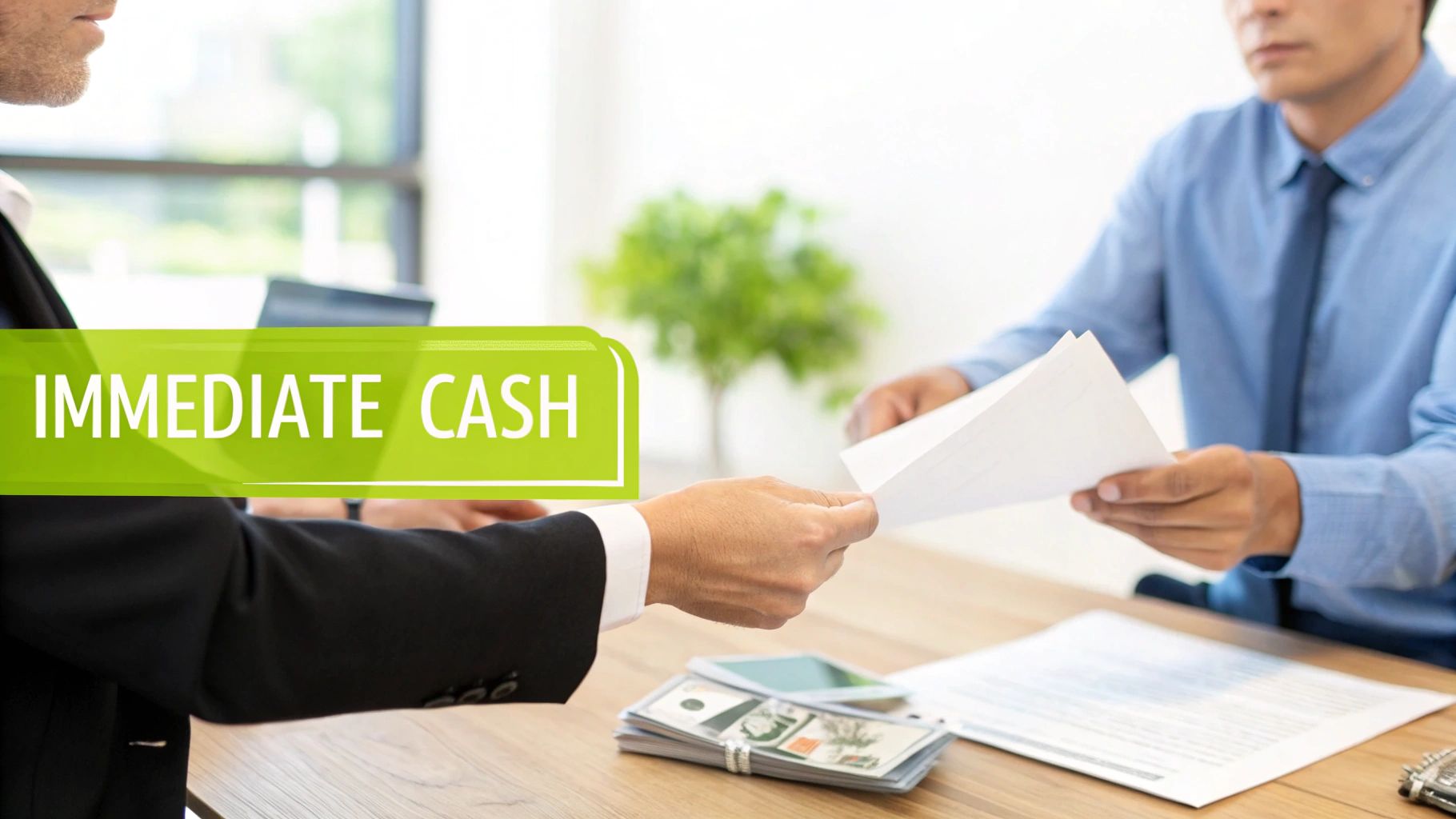 Two men exchanging financial documents with a stack of cash and 