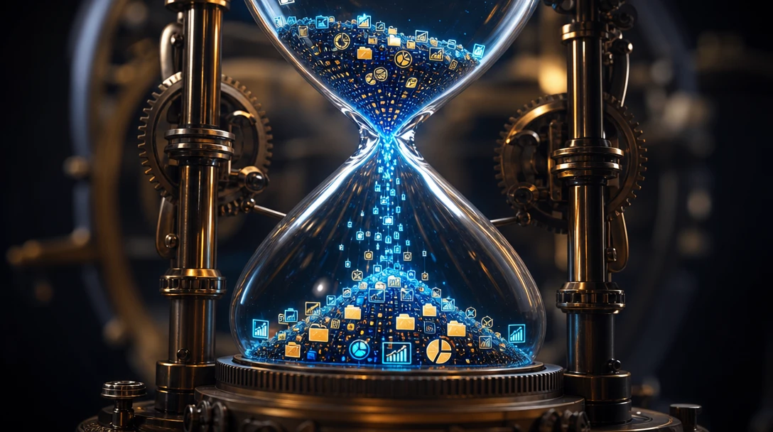 An hourglass filled with digital icons, visualizing the transition from time-consuming tasks to automated SEO.
