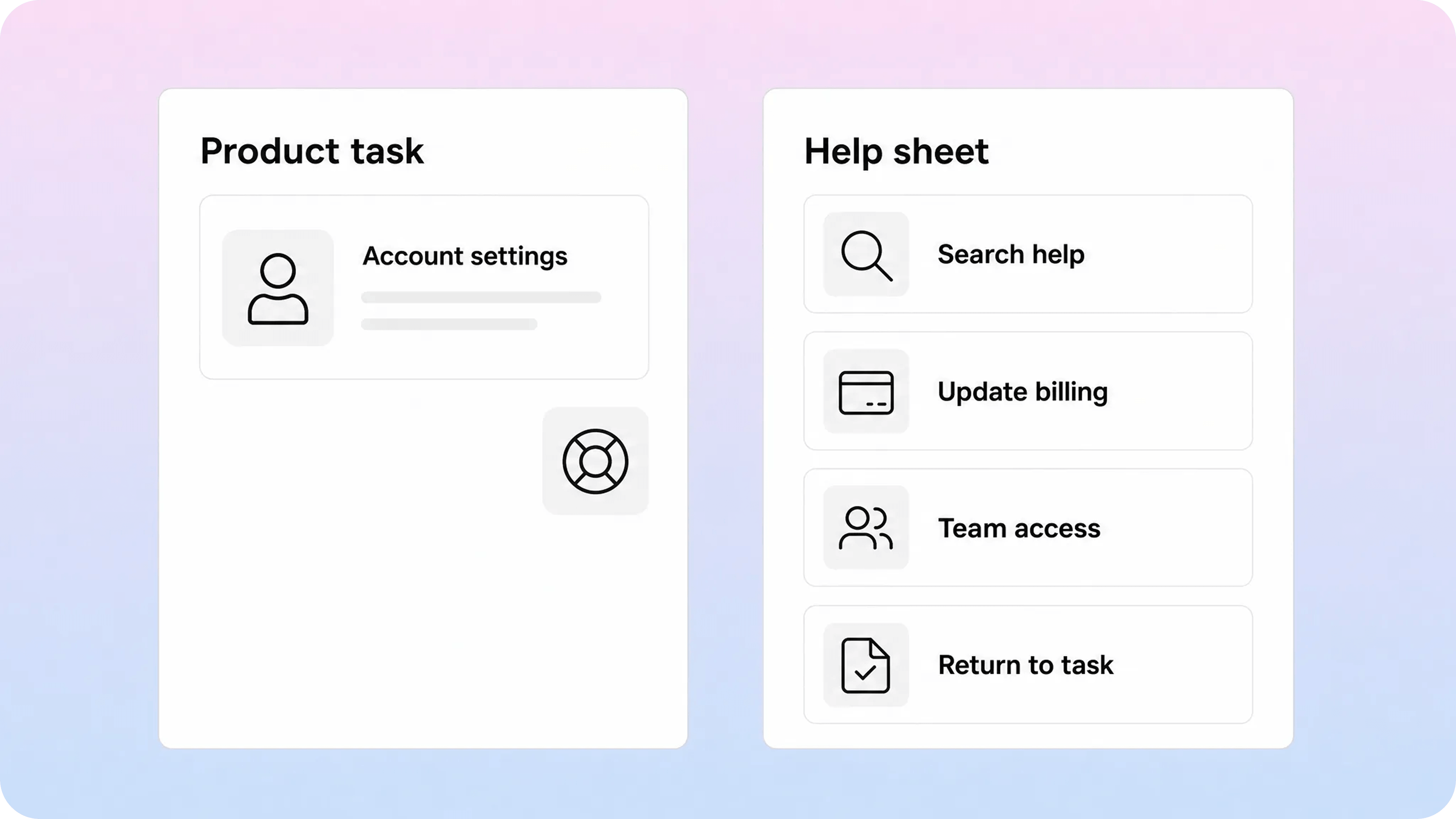 In-app help sheet opening beside a product task with search, billing, team access, and return-to-task options.