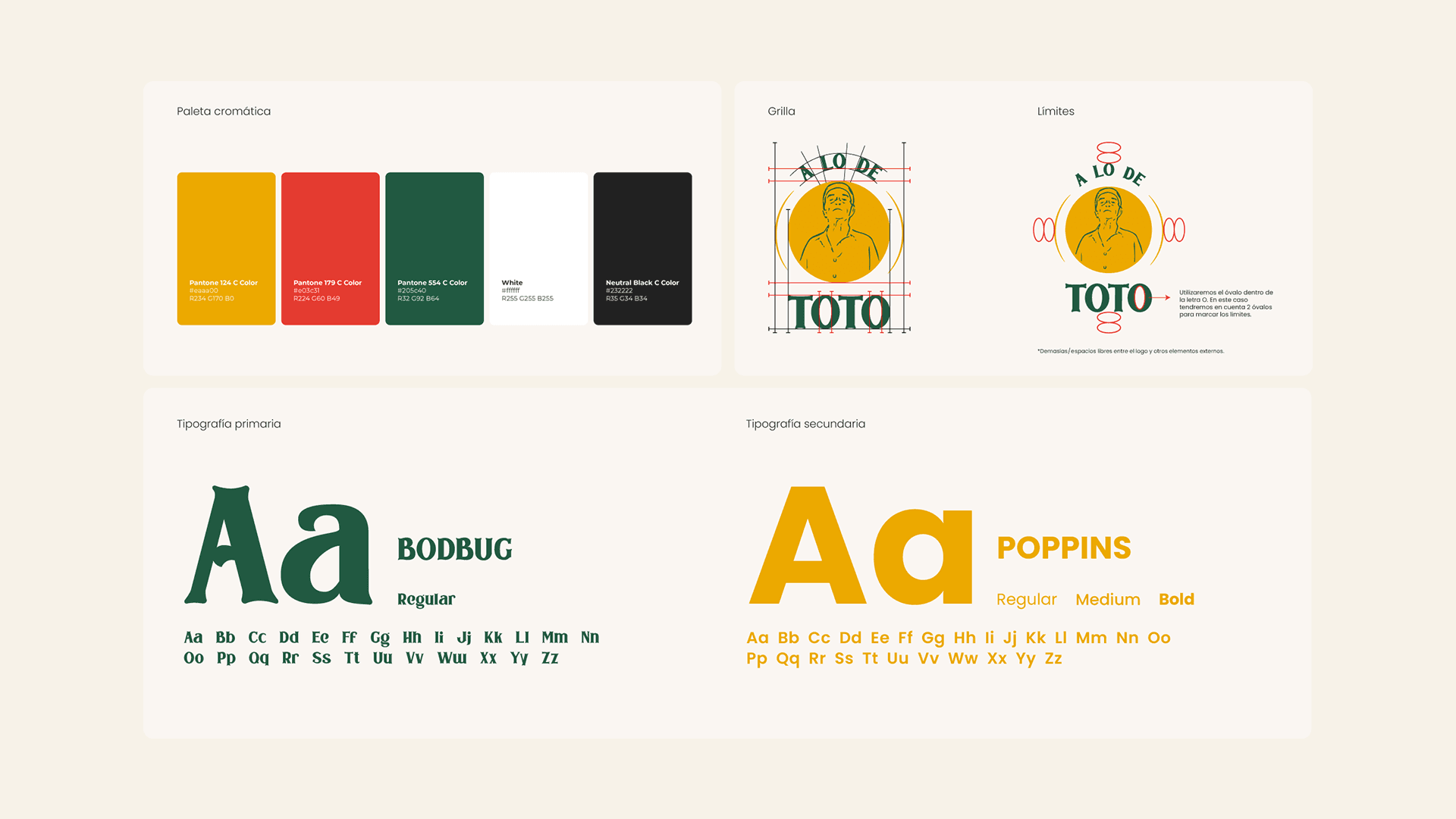 Guía visual de paleta de colores, opciones tipográficas e iconos lúdicos para branding gastronómico.