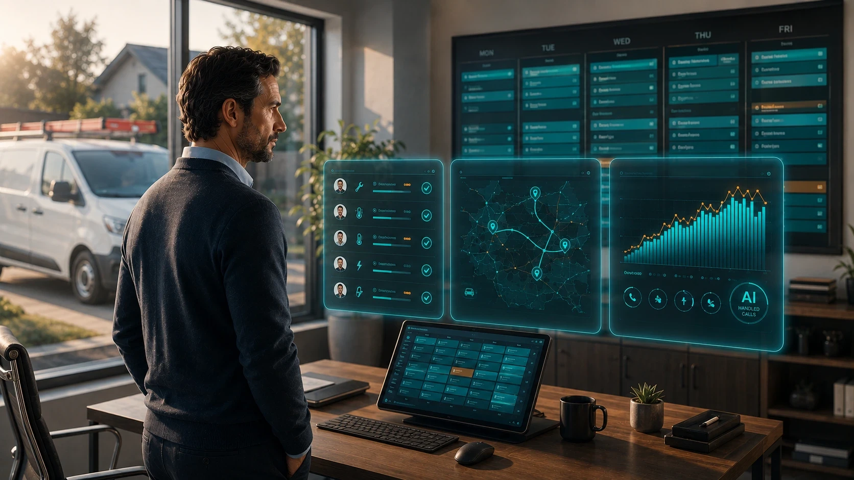 A home service business owner stands in a modern operations office, using an AI-powered dispatch and workforce management platform displayed as transparent holographic dashboards. The interface shows technician schedules, service requests, route optimization, job assignments, and business performance analytics, while a large scheduling board displays a fully booked workweek. A service van is parked outside the office window, highlighting AI-driven field service management, dispatch automation, and operational efficiency for home service businesses.