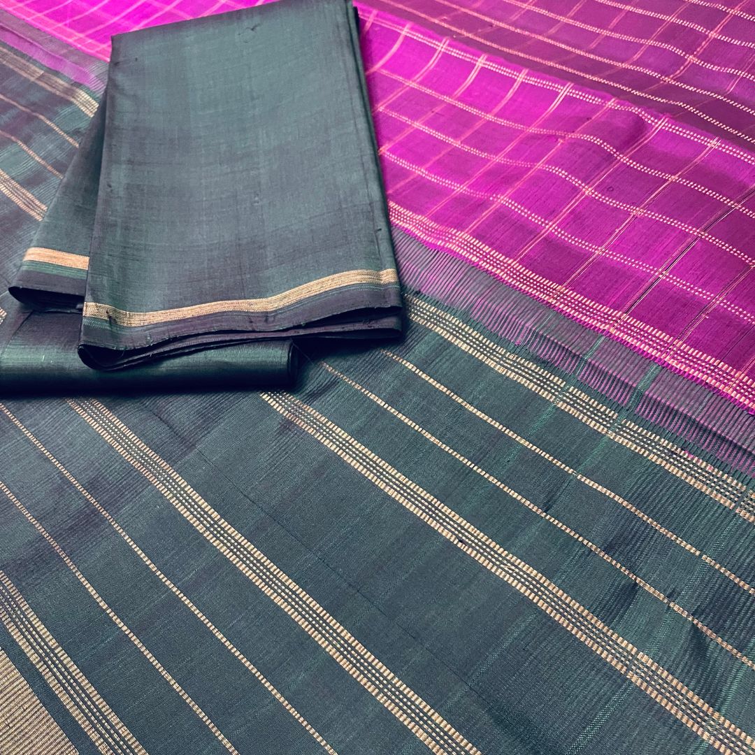 Magenta and Green Checkered Kanchivaram Silk Saree