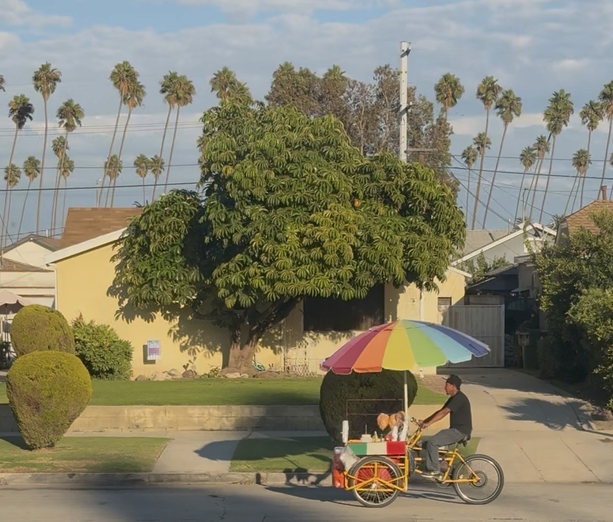Photo image of elote man riding through South LA on a bicycle with snacks, drinks and a colorful umbrella.