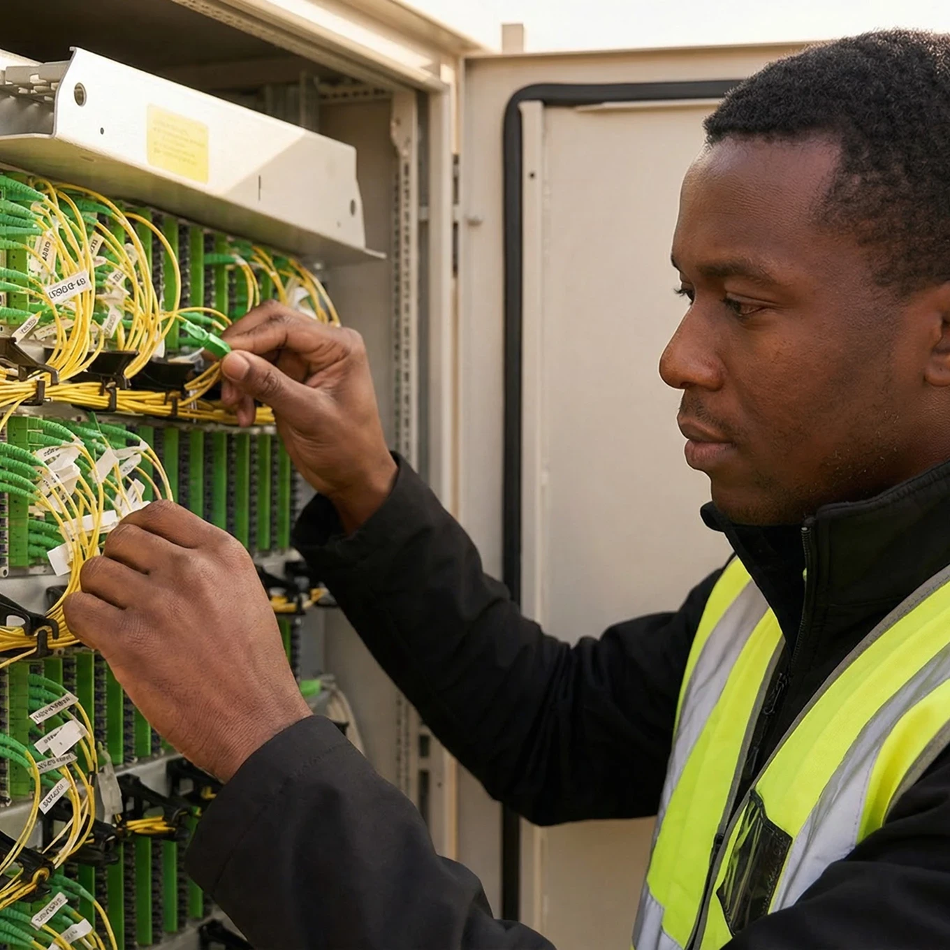 Formation fibre optique et télécom en Guyane: brassage, repérage des fibres et mesures sur baie de communication.