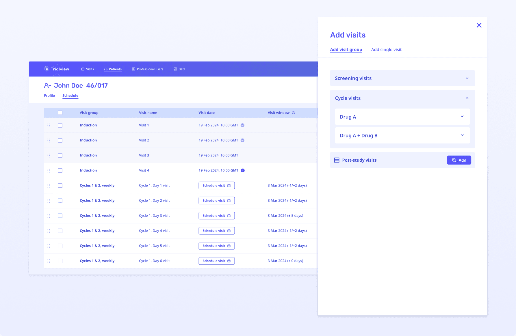 A mockup showing the a patient schedule and visit menu