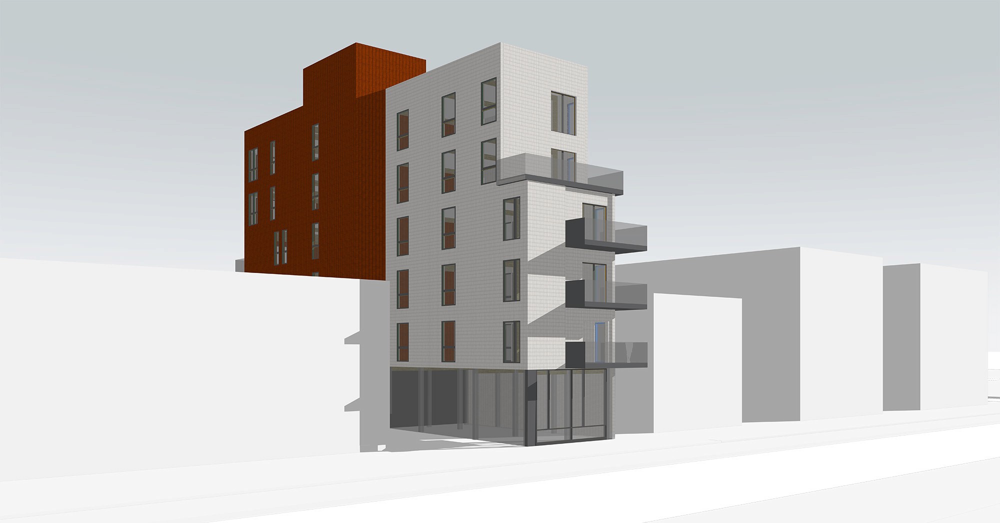 Overall plan of Sideshore’s mid-rise single-stair residential block, showing compact footprint, daylighting spine and multi-family layout.