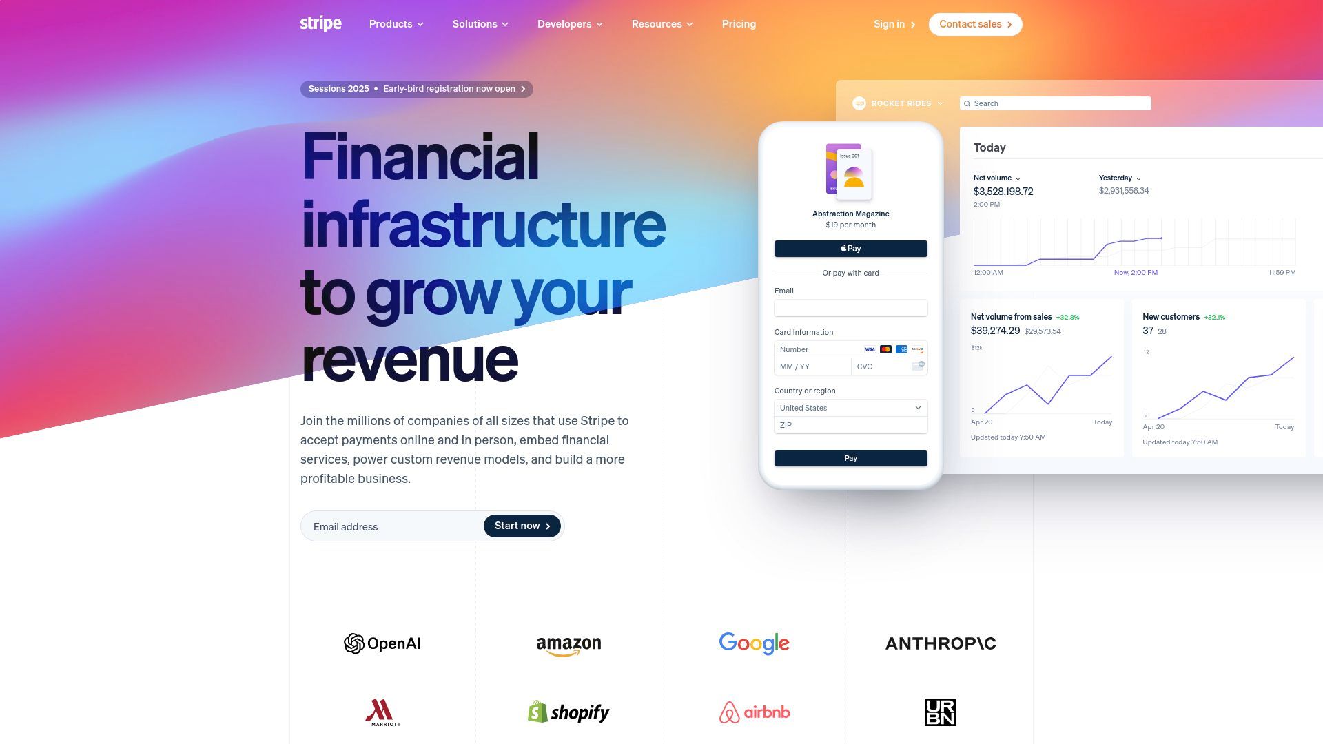 Stripe's modern homepage featuring a clean white background with vibrant gradient accents, showcasing their payment processing platform with dynamic code examples and enterprise client logos. The interface demonstrates their developer-focused approach with interactive API documentation snippets and secure payment integration tools.