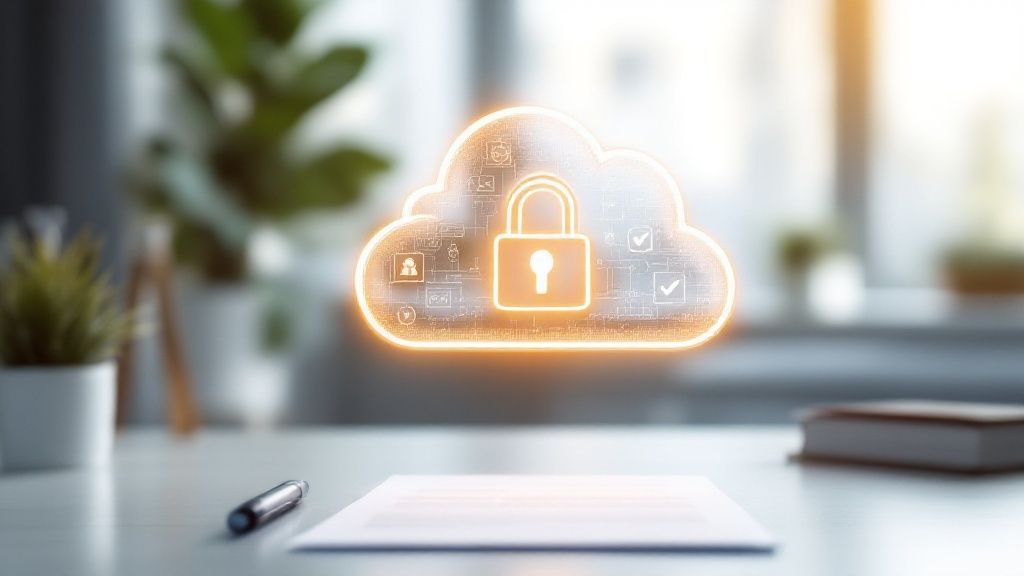 Speak4Me – A person at a desk carefully reviewing a checklist on a tablet, with charts and graphs in the background, symbolizing the process of choosing a cloud solution.