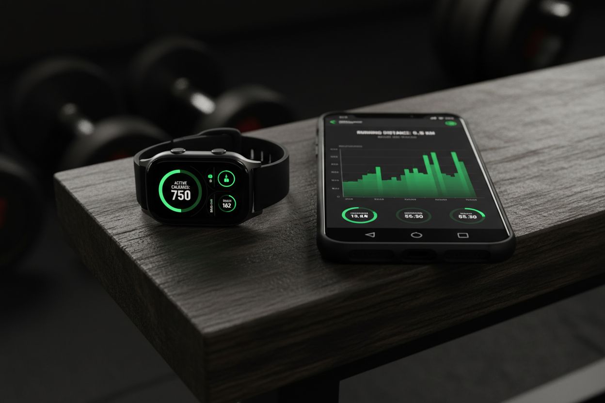 Smartwatch and smartphone showing workout stats