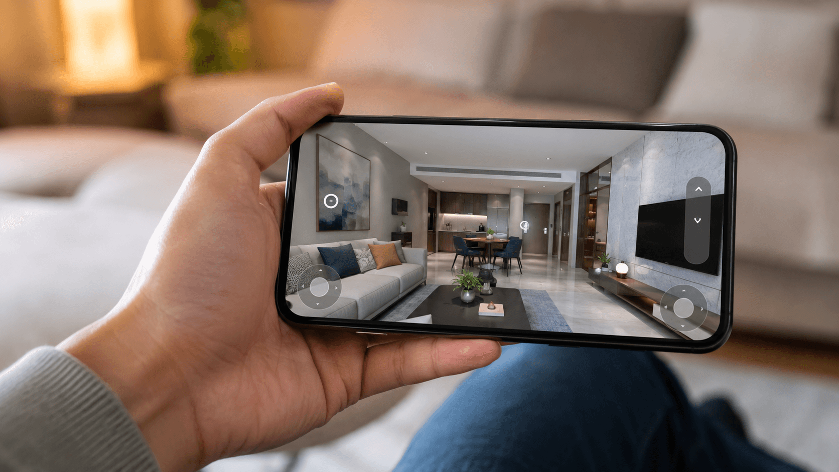 Hand holding a smartphone in a cozy home setting, with the screen showing a crisp interactive 3D walkthrough of a modern apartment interior.
