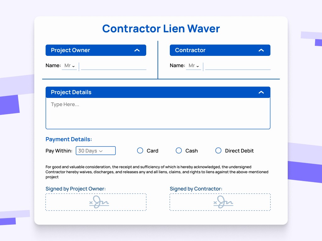 Contractor lien waiver form template preview