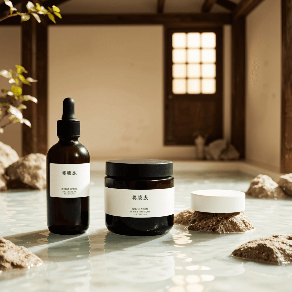 product photography of set of skincare products including a bottle and a jar