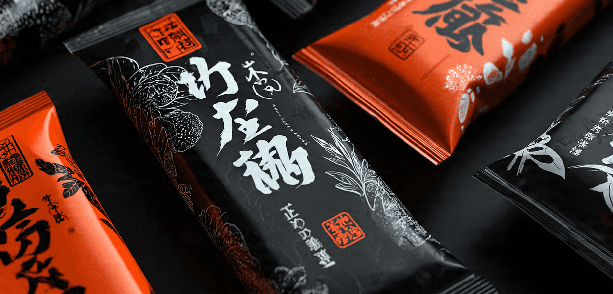 Several food packages are displayed on a dark surface. 