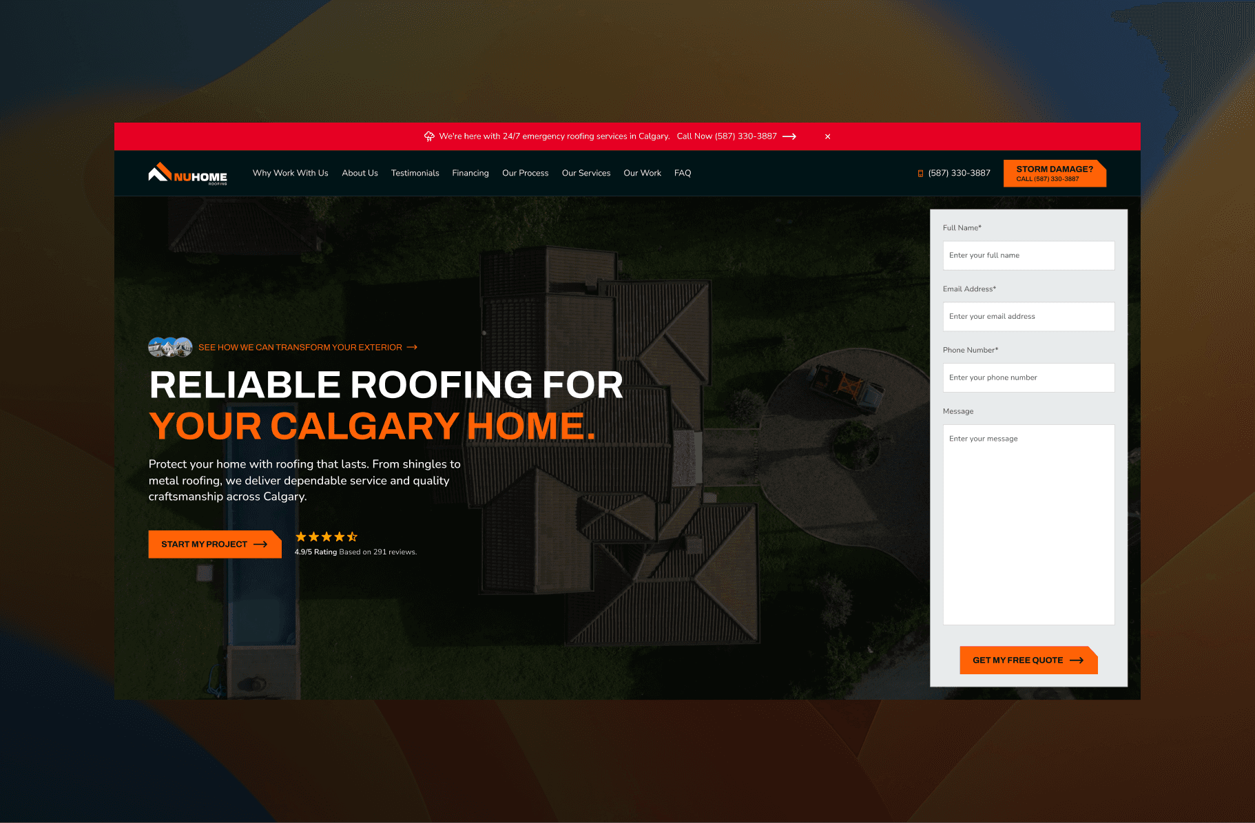 Screenshot of the NuHome roofing company website featuring a bird’s-eye view of a house roof, a bold headline reading “Reliable Roofing for Your Calgary Home,” and a contact form on the right. The page highlights emergency services, a 4.9-star rating, and a prominent “Get My Free Quote” button to encourage user inquiries.