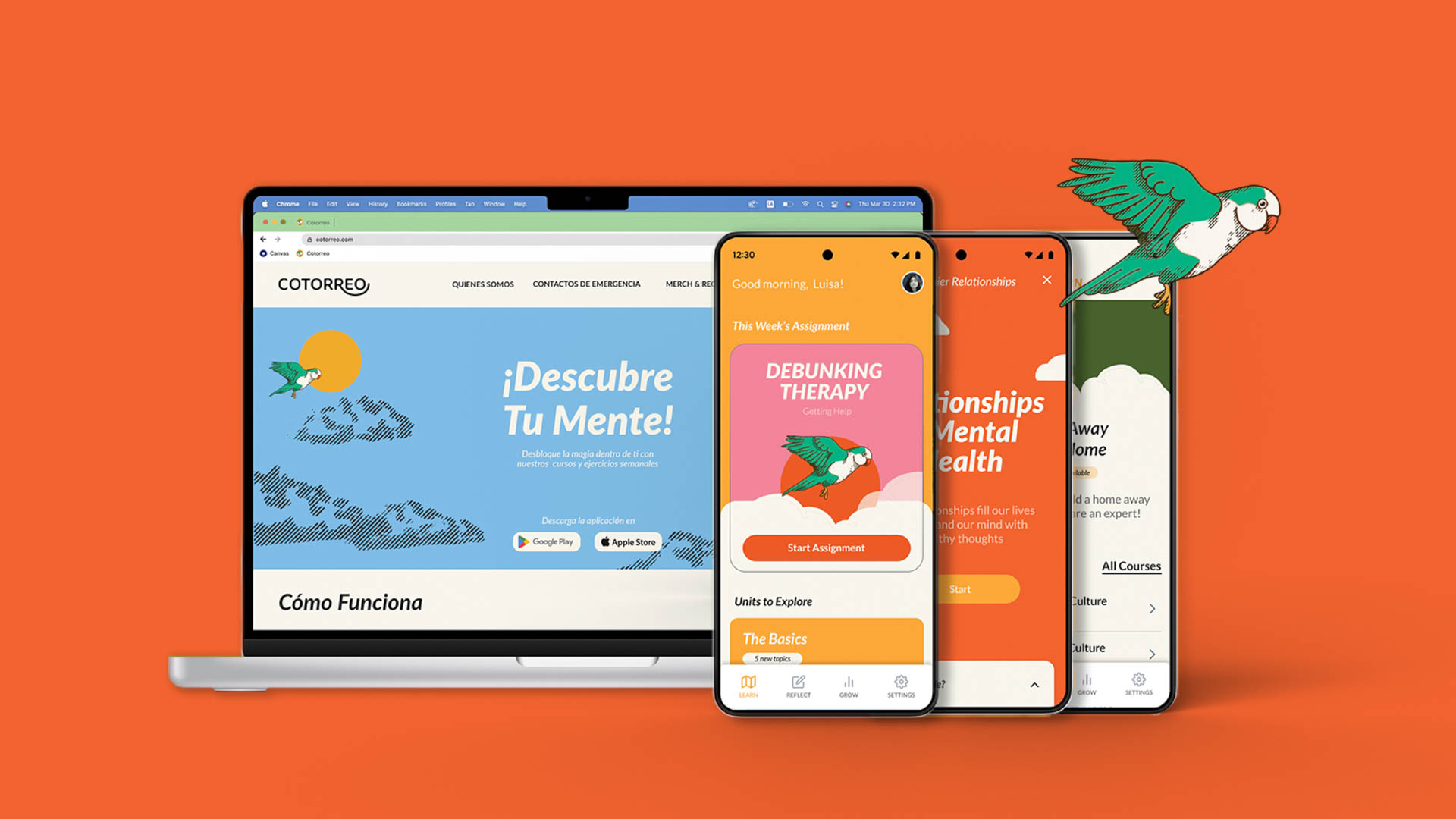 A laptop displays a website titled “CÓMO Funciona” with a blue background and a bird graphic. Next to it are three smartphones: one showing “This Week’s Assignment,” another displaying “DEBUNKING THERAPY,” and a third showing “Mental Health.” A green bird graphic is positioned above the phones. The background is solid orange.