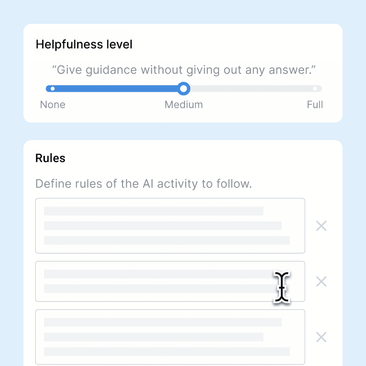 Settings that allow teachers to set up guardrails for learning with AI, including how helpful the AI should be and rules for how it should behave.