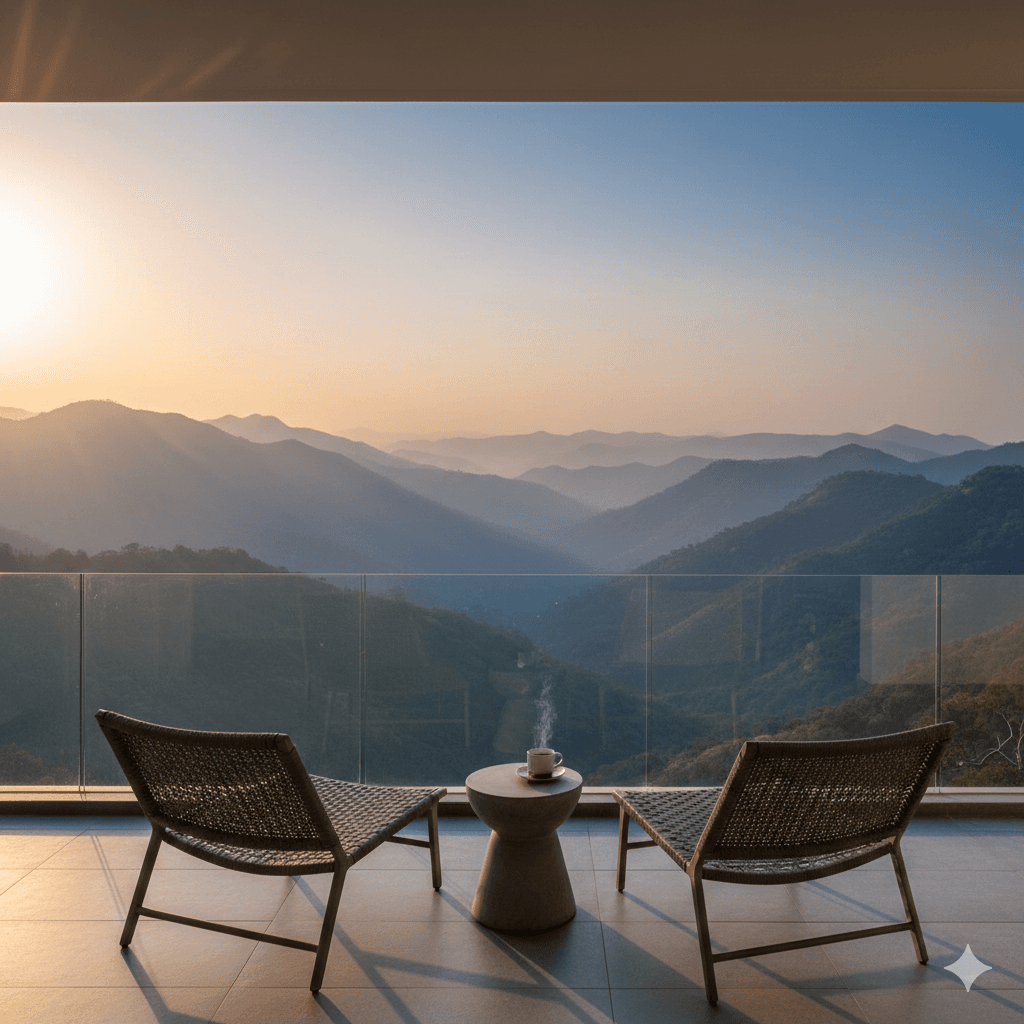Luxury apartment balcony with panoramic Aravalli hill view in Gurugram, Sector 79