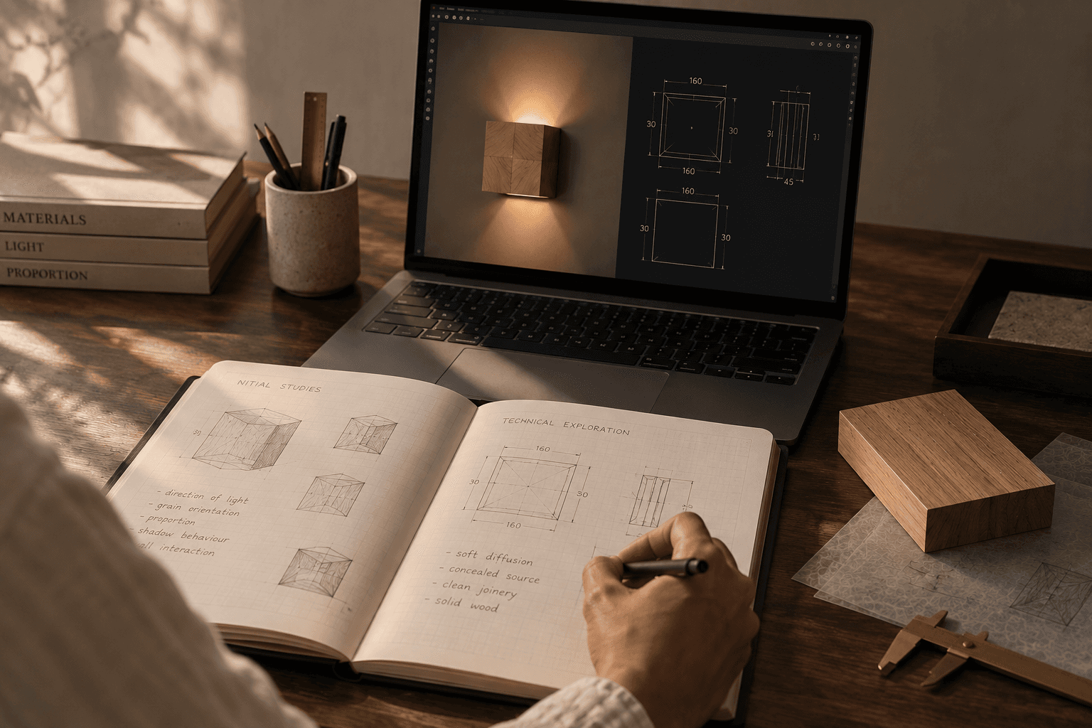Designer sketching a lighting concept beside a laptop showing a wall sconce design.
