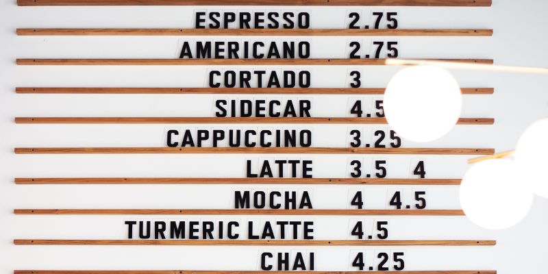 A menu on the wall of a cafe