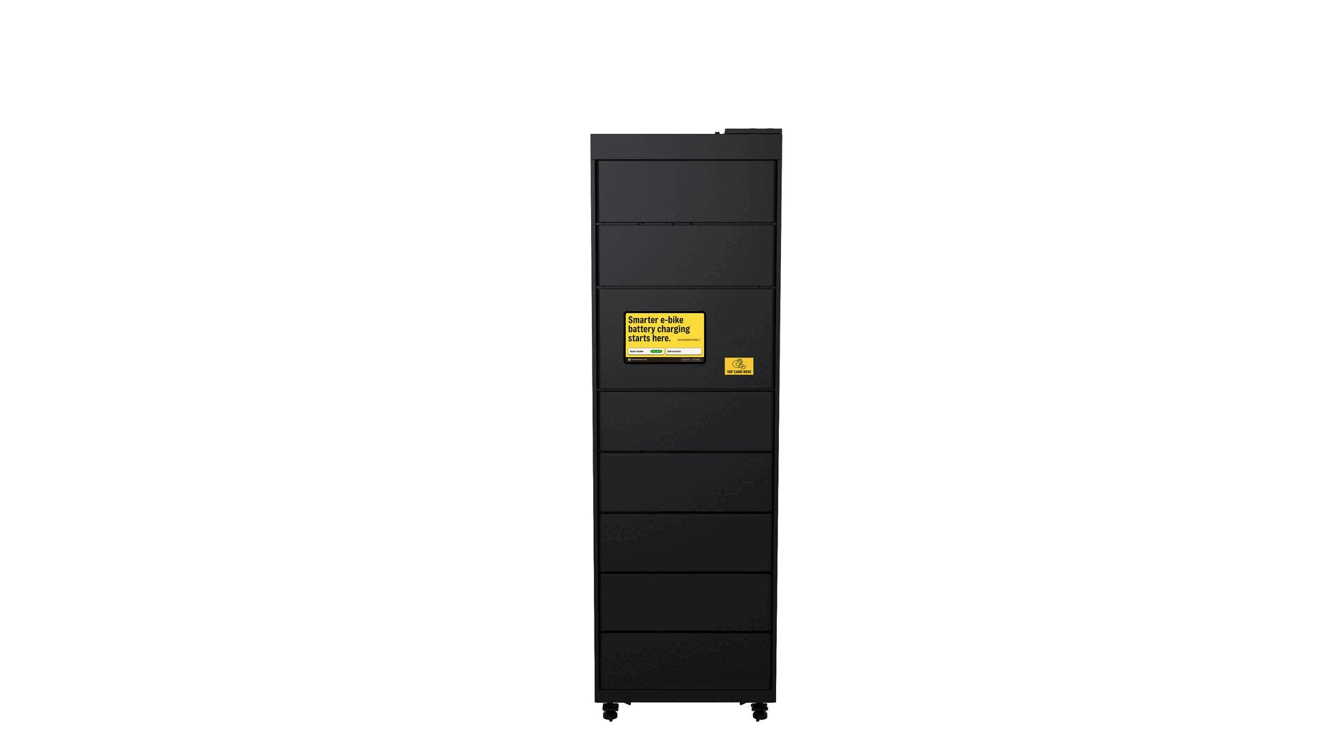 A black modular e-bike charging locker with multiple compartments, a touchscreen displaying “Smarter e-bike battery charging starts here,” and an e-bike battery connected and charging inside one of the open slots.