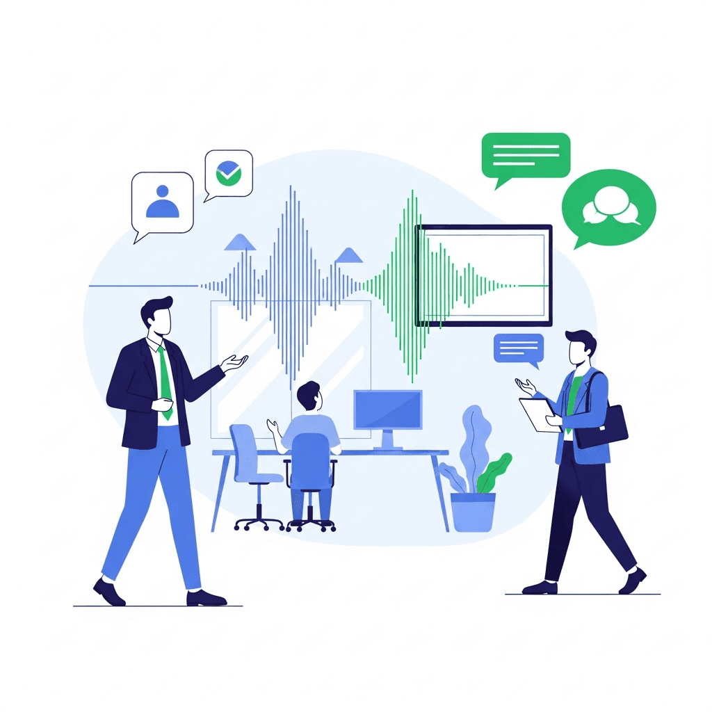 A clean, modern illustration showing the concept of frictionless voice feedback workflow. Show a professional manager in a modern office environment speaking naturally, with flowing sound waves or voice patterns transitioning smoothly into digital communication. Include visual elements suggesting immediate capture of thoughts - like walking between meetings, casual stance, natural gesture. Use a professional color palette with blues and greens. Minimalist style, abstract representation of seamless voice-to-text workflow. No text, words, or letters in the image.