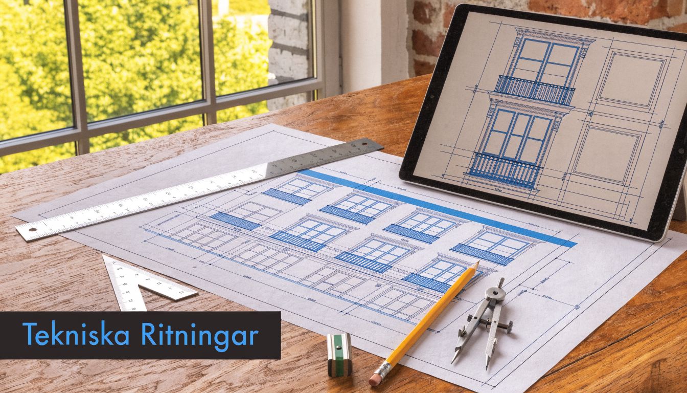 Ritningar av en byggnad på ett skrivbord med tekniska verktyg som passare och linjal för arkitekturarbete.