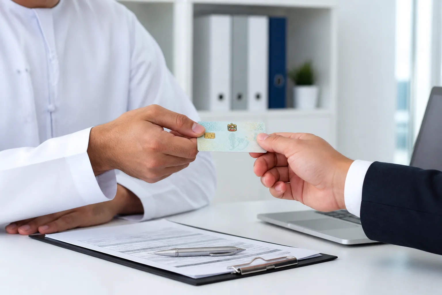 Establishment Card Renewal in the UAE beside a Dubai trade license document and a modern