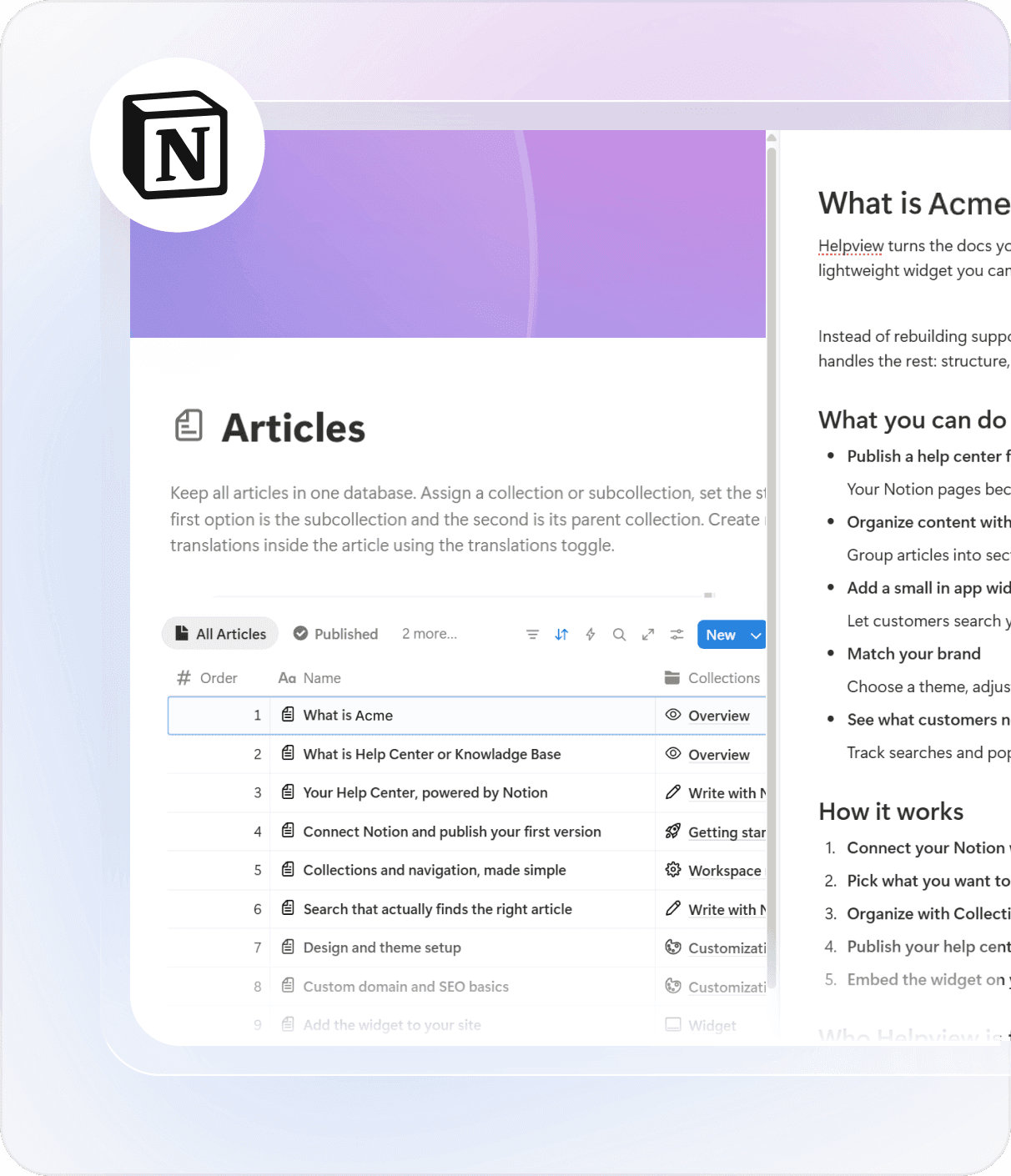 Notion articles database used to write and manage help center content before publishing with Helpview.