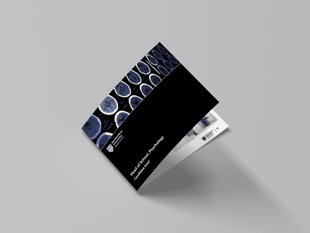 Front cover of a candidate brochure for Northumbria University, shot in studio lighting. Print material.