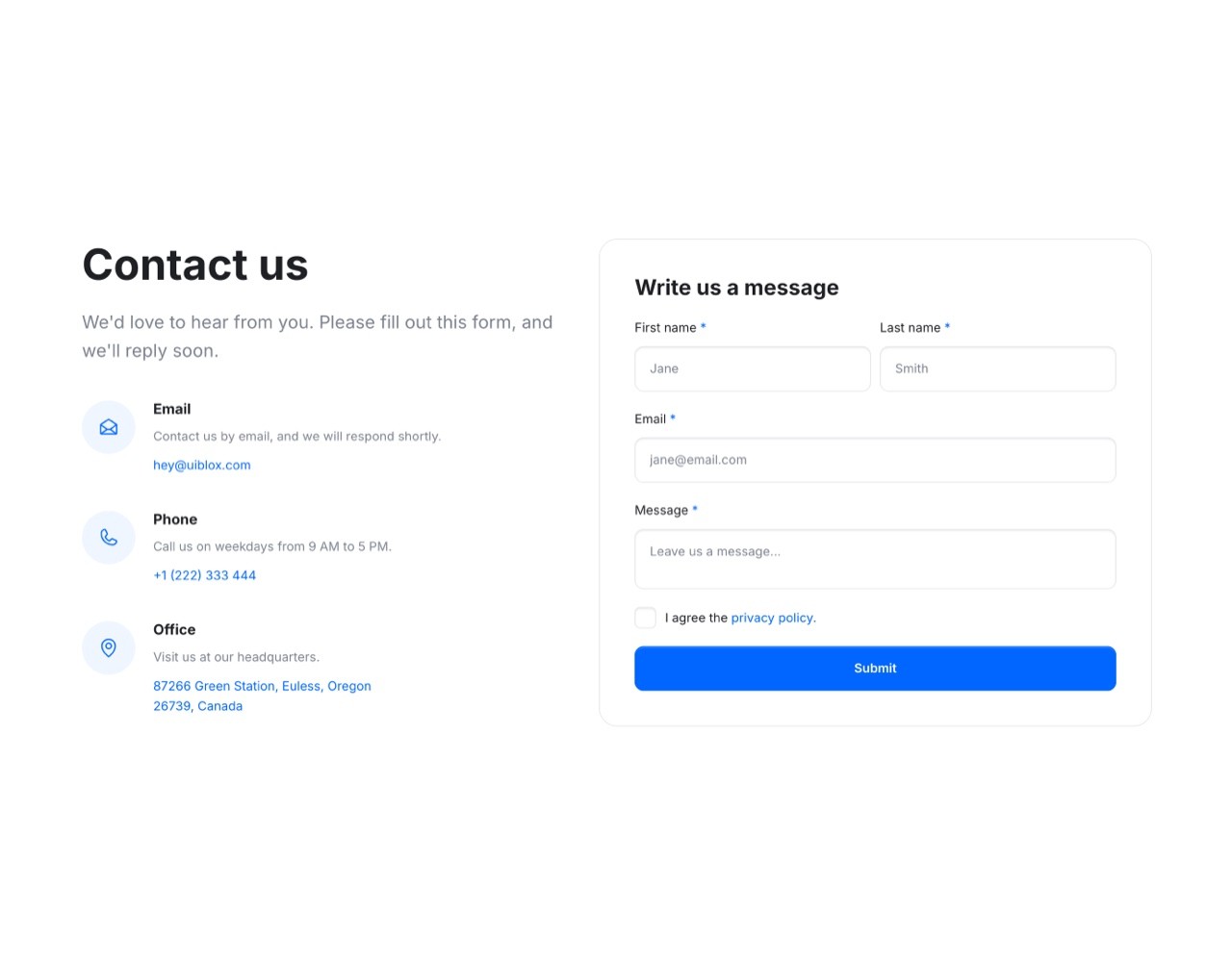 Framer Contact Section - Frameblox UI